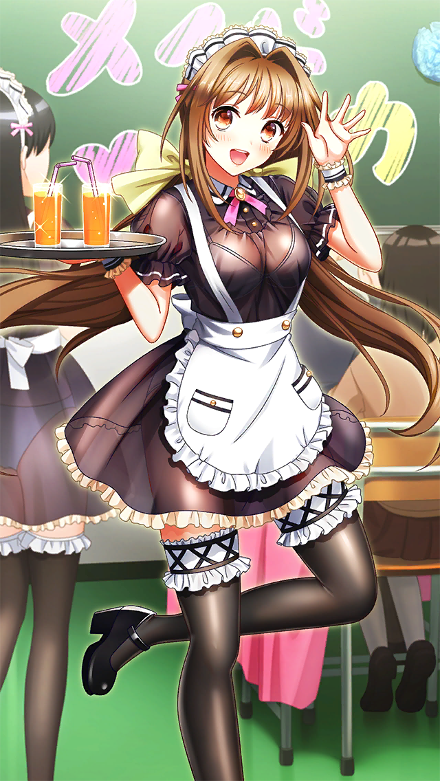3girls :d apron black_dress black_footwear black_thighhighs brown_eyes brown_hair classroom doukyuusei_(series) doukyuusei_another_world dress drinking_straw floating_hair frilled_dress frills game_cg hair_intakes holding holding_plate indoors juice kakyuusei_(series) kakyuusei_2 leg_up legwear_garter long_hair looking_at_viewer maid_cafe maid_headdress multiple_girls neck_ribbon official_art open_mouth orange_juice pink_ribbon plate ribbon saimon_tamaki see-through_clothes see-through_dress short_dress short_sleeves smile solo_focus standing standing_on_one_leg thighhighs twintails very_long_hair waist_apron waving white_apron wrist_cuffs zettai_ryouiki