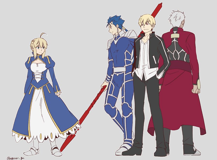 1girl 3boys ahoge archer_(fate) armor artoria_pendragon_(fate) black_jacket blonde_hair blue_dress blue_hair commentary_request cu_chulainn_(fate) cu_chulainn_(fate/stay_night) dark-skinned_male dark_skin dress fate/stay_night fate_(series) gae_bolg_(fate) gilgamesh_(fate) gilgamesh_(immoral_biker_jacket)_(fate) greaves green_eyes grey_hair hands_in_pockets holding holding_polearm holding_weapon jacket juliet_sleeves long_dress long_sleeves moonlight_0423 multiple_boys polearm ponytail puffy_sleeves red_eyes saber_(fate) shirt spear twitter_username untucked_shirt weapon white_shirt