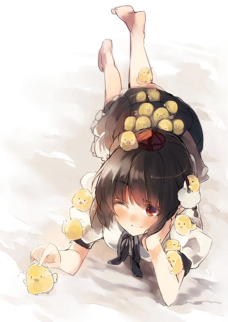 1girl ;) animal animal_on_arm animal_on_head barefoot bird bird_on_arm bird_on_back bird_on_head bird_on_leg black_hair blush bow chick chicken closed_mouth commentary_request feet female_focus flying_sweatdrops full_body hat head_rest ken_(coffee_michikusa) lying on_head on_stomach one_eye_closed pom_pom_(clothes) puffy_sleeves red_eyes shameimaru_aya shirt short_hair short_sleeves skirt smile soles solo tokin_hat too_many too_many_chicks touhou