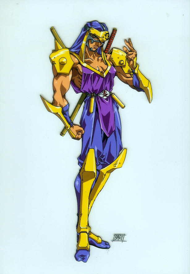 1990s_(style) armor cel cell choujin_gakuen_gowcaizer dark_skin fudomaru game katana male_focus mask ninja official_art oobari_masami signature sword technos weapon