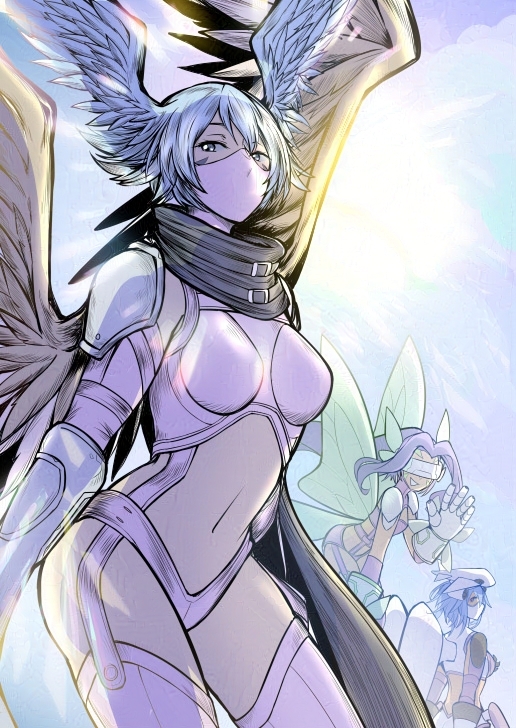 3girls bikini blue_hair breasts brown_feathers brown_wings cowboy_shot digimon digimon_(creature) digimon_frontier evolutionary_line facial_mark fairimon feathers finalelysion head_wings jetsilphymon mask medium_breasts medium_hair mouth_mask multiple_girls multiple_wings navel purple_bikini shutumon solo_focus sunlight swimsuit wings