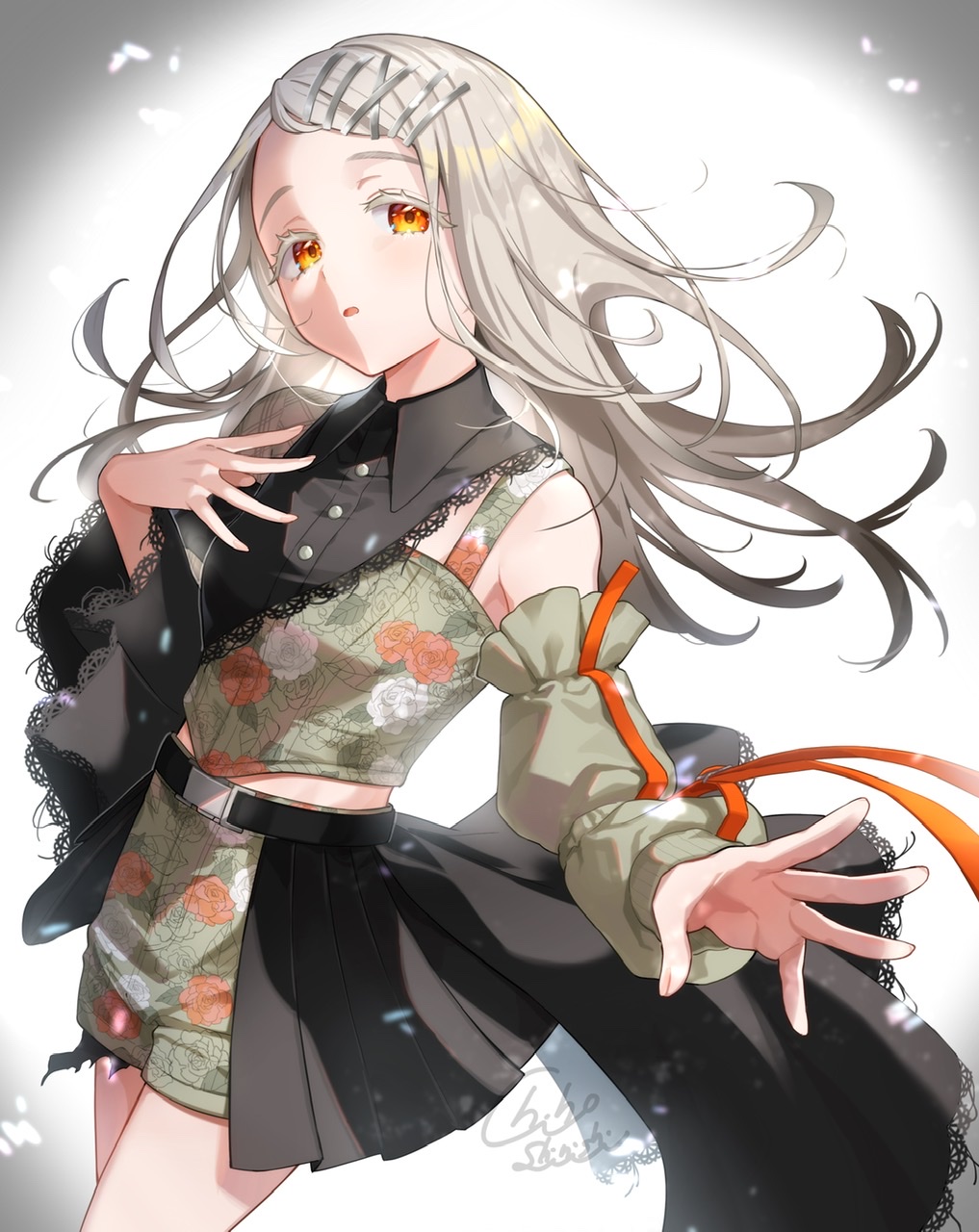 1girl asymmetrical_clothes belt black_belt black_shirt black_skirt collared_shirt colored_eyelashes contrast_(idolmaster) detached_sleeves flipped_hair floral_print forehead gakuen_idolmaster green_shirt green_skirt grey_hair hair_ornament hairclip highres idolmaster lace lace-trimmed_shirt lace-trimmed_sleeves lace_trim light_particles long_hair loose_hair_strand midriff_peek open_mouth orange_eyes orange_ribbon ribbon shinishi_chiho shinosawa_hiro shirt signature single_bare_shoulder single_detached_sleeve skirt swept_bangs thick_eyelashes too_many_hair_ornaments two-tone_shirt two-tone_skirt