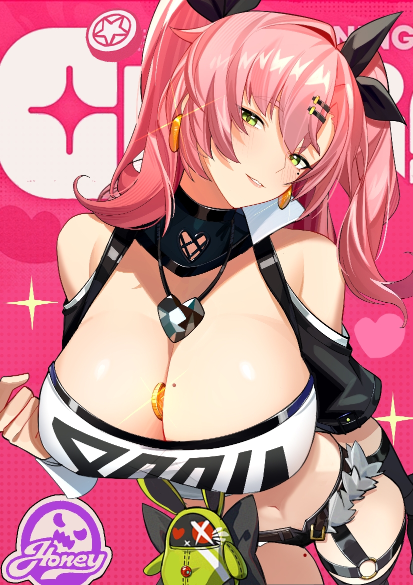 1girl between_breasts black_shorts breasts coin denim denim_shorts earrings green_eyes grin heart heart_necklace jewelry looking_at_viewer mole mole_on_breast navel necklace nicole_demara shorts smile solo teeth two_side_up yueyueyue_yao zenless_zone_zero