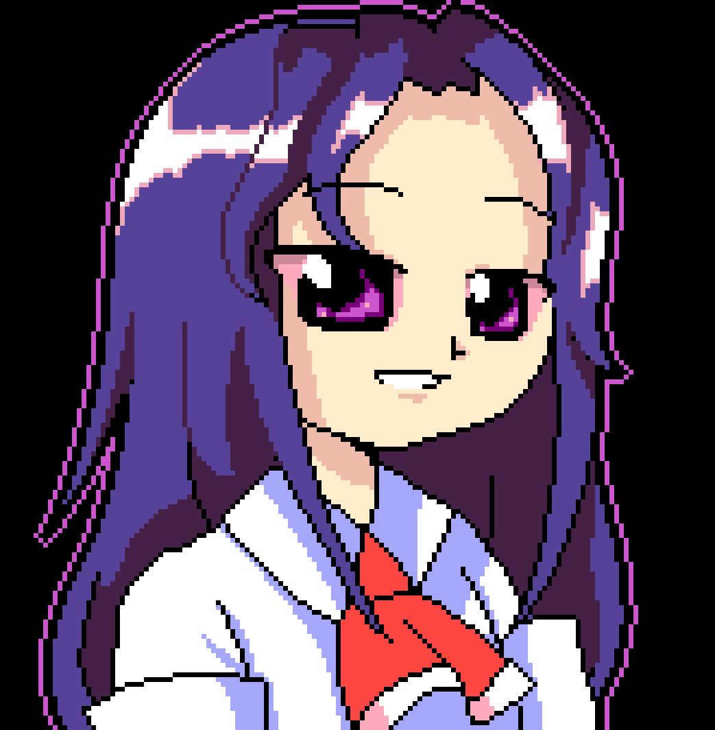 1girl armband ascot bad_id bad_twitter_id black_background collared_shirt commentary english_commentary forehead goshiki_agiri kill_me_baby long_hair long_sleeves looking_ahead luo_qiangwei open_mouth outline parody parted_bangs pixel_art purple_eyes purple_hair purple_outline red_ascot school_uniform shirt simple_background smile smug solo style_parody teeth touhou touhou_(pc-98) upper_body white_armband white_shirt