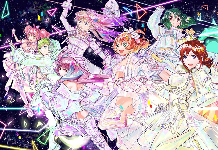 6+girls ahoge bare_shoulders blonde_hair blue_eyes blue_hair blush bow breasts brown_eyes cleavage dress earrings freyja_wion green_eyes green_hair hair_between_eyes hair_bow hair_ornament hat heart heart_hair_ornament hood hooded_jacket jacket jewelry kaname_buccaneer long_hair macross macross_delta macross_delta:_zettai_live!!!!!! macross_frontier makina_nakajima microphone mikumo_guynemer multicolored_hair multiple_girls official_art open_mouth orange_hair pink_hair pointy_ears purple_eyes purple_hair ranka_lee red_eyes red_hair reina_prowler sheryl_nome short_hair skirt smile streaked_hair thighhighs twintails two-tone_hair very_long_hair walkure_(macross_delta) white_dress white_jacket