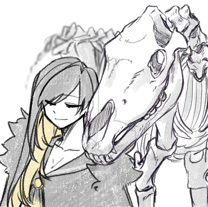 1girl binah_(project_moon) black_cape black_dress black_hair black_sailor_collar blonde_hair cape closed_eyes closed_mouth colored_inner_hair dress horse lobotomy_corporation long_hair multicolored_hair project_moon sailor_collar simple_background skeleton skeleton_horse skull smile solo ssmr_rolling upper_body white_background