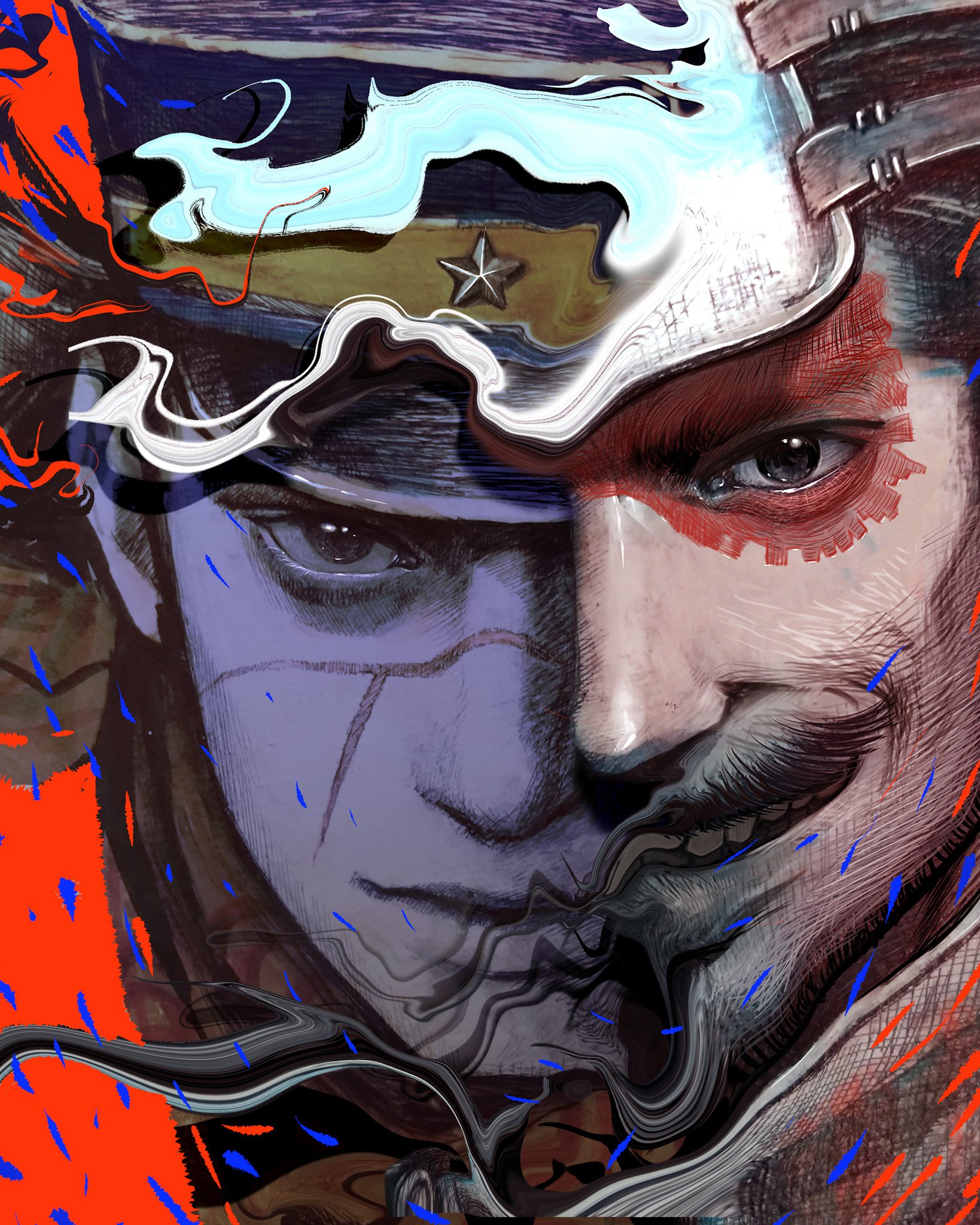 2boys abstract asian black_hair facial_hair facial_scar golden_kamuy hat highres kepi looking_at_viewer male_focus military_hat multiple_boys mustache nisino2222 realistic scar scar_on_cheek scar_on_face scar_on_mouth scar_on_nose short_hair smile split_theme sugimoto_saichi transformation tsurumi_tokushirou