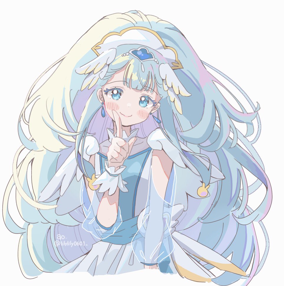 1girl artist_name blue_eyes blue_hair commentary cure_ange earrings hair_ornament hat hugtto!_precure index_finger_raised jewelry lilylily0601 long_hair looking_at_viewer magical_girl nurse_cap precure see-through_clothes see-through_sleeves smile solo very_long_hair white_wrist_cuffs wing_hair_ornament wrist_cuffs yakushiji_saaya
