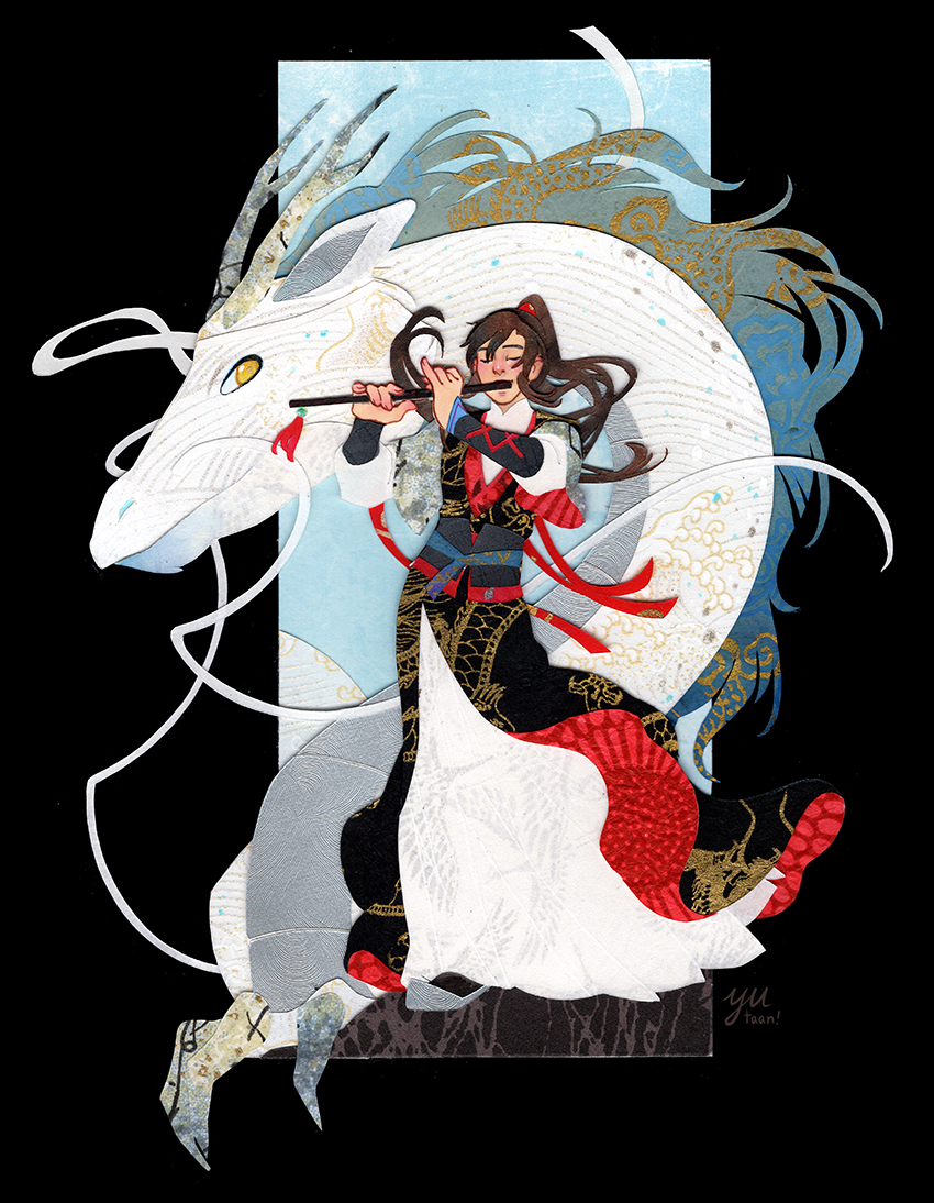 1boy animalization belt black_background black_robe blue_hair blue_sky bracer brown_hair chinese_clothes closed_eyes colored_skin commentary commission dragon eastern_dragon english_commentary flute flute_tassel hair_ribbon hanfu high_ponytail holding holding_flute holding_instrument instrument lan_wangji layered_clothes layered_sleeves long_hair long_sleeves male_focus modao_zushi music outdoors paper_cutout_(medium) papercraft_(medium) patterned_clothing playing_flute playing_instrument ponytail red_ribbon red_trim ribbon robe simple_background sky standing tassel unconventional_media wei_wuxian whiskers white_ribbon white_robe white_skin yellow_eyes yutaan