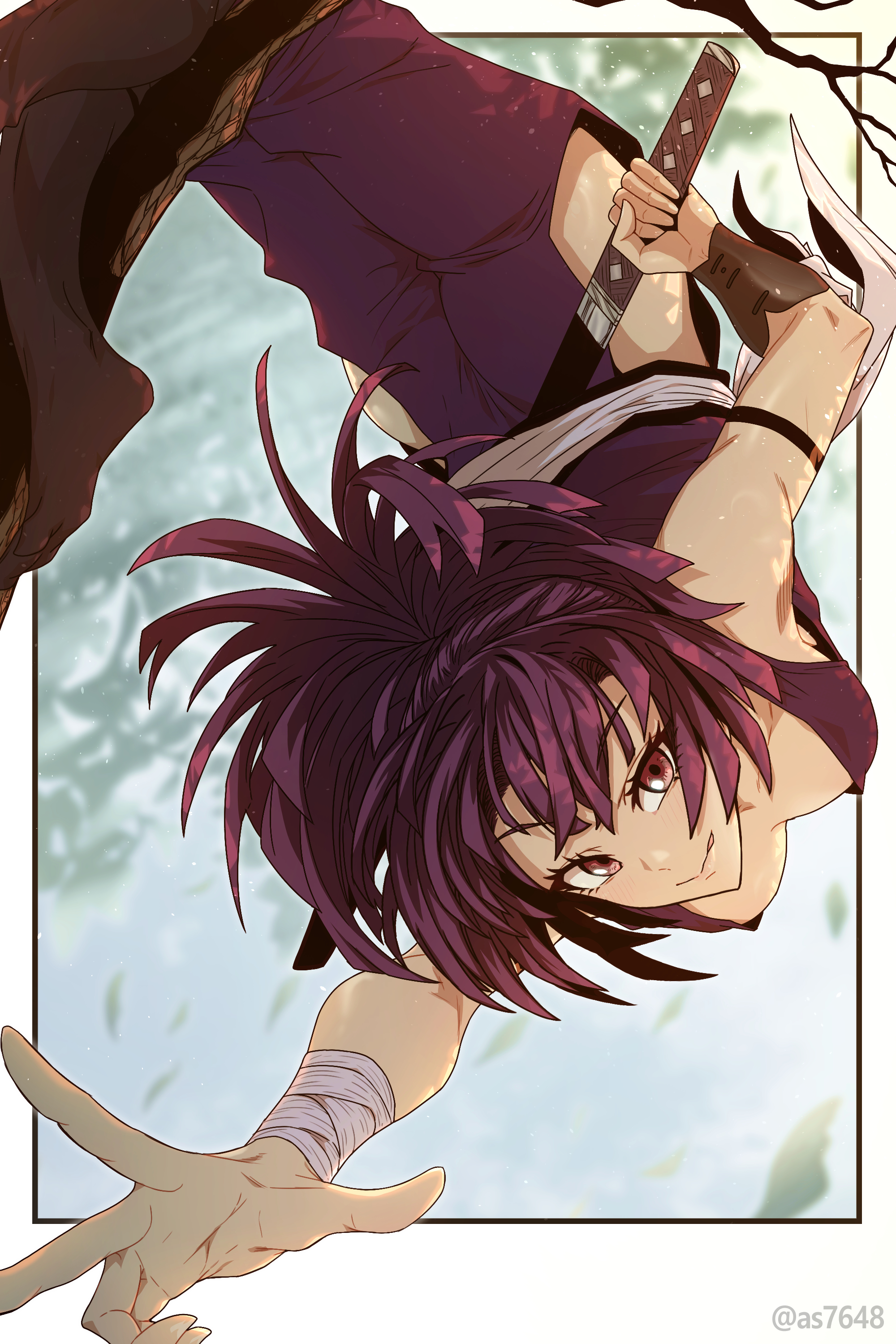 1girl absurdres armband augustus_(as7648) bandaged_wrist bandages black_armband breasts center_opening hanging_from_tree highres hip_vent holding holding_weapon japanese_clothes jigokuraku kimono looking_at_viewer medium_breasts medium_hair ninja ninjatou purple_hair purple_kimono sash short_sword smile solo sword topknot twitter_username upside-down weapon white_sash wrist_guards yuzuriha_(jigokuraku)