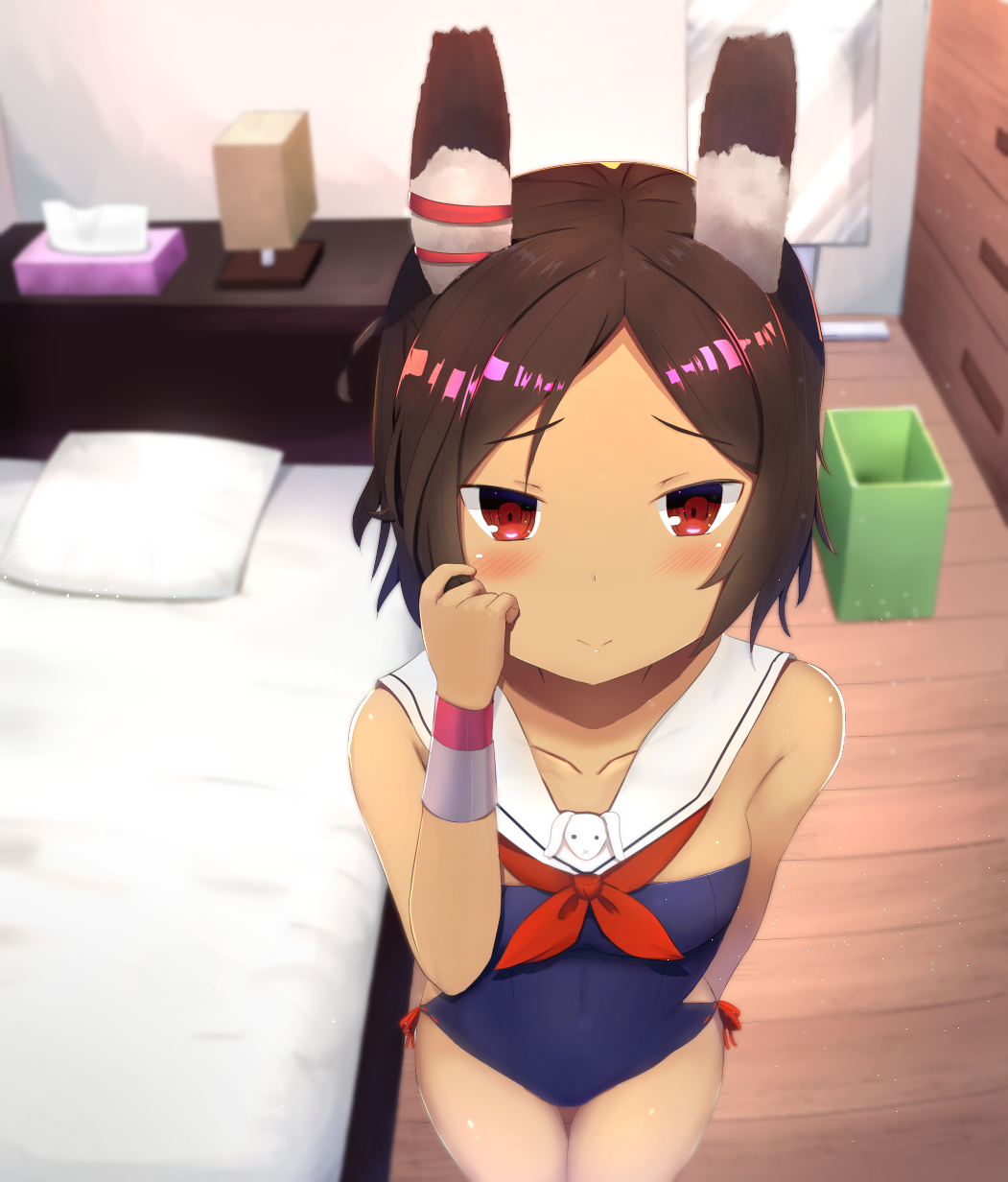 1girl animal_ears azur_lane bed blue_one-piece_swimsuit blurry blurry_background blush breasts brown_hair closed_mouth commentary_request cowboy_shot dark-skinned_female dark_skin hand_on_own_cheek hand_on_own_face highres i-26_(azur_lane) indoors lamp looking_at_viewer medium_breasts mirror one-piece_swimsuit pillow rabbit_ears rabbit_girl red_eyes red_sailor_collar sailor_collar sailor_one-piece_swimsuit shidaidaka short_hair smile solo swimsuit tissue_box trash_can wooden_floor wristband