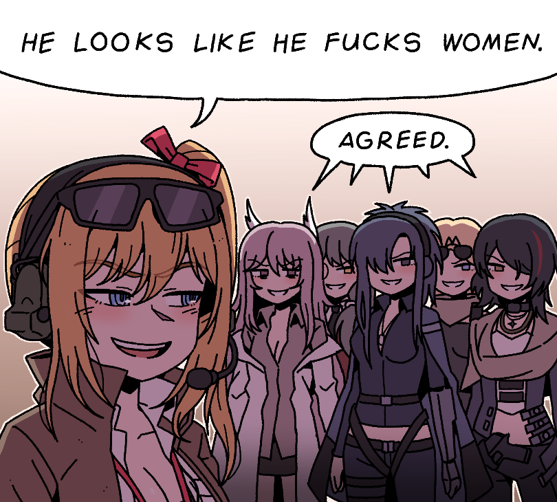 6+girls angelia_(girls&#039;_frontline) animal_ears belt black_hair black_pants black_shirt blonde_hair blue_eyes blue_hair blue_jacket blue_pants blue_shirt breasts brown_eyes brown_hair brown_jacket brown_skirt cleavage coat commission commissioner_upload cowboy_shot cross dog_tags ear_protection english_text eyewear_on_head girls&#039;_frontline girls&#039;_frontline_2:_exilium grey_eyes hair_over_one_eye hair_ribbon helianthus_(girls&#039;_frontline) jacket jacket_on_shoulders jewelry kalina_(girls&#039;_frontline) karepack long_hair looking_to_the_side loose_necktie mechanical_arms medium_hair meme microphone midriff multicolored_hair multiple_girls necklace necktie off_shoulder open_clothes open_jacket open_mouth pants persica_(girls&#039;_frontline) pink_eyes pink_hair poludnitsa_(girls&#039;_frontline_2) red_hair red_necktie red_ribbon ribbon saga_(girls&#039;_frontline_2) she_looks_like_she_fucks_human_men_(meme) shirt side_ponytail single_mechanical_arm skirt smile speech_bubble streaked_hair sunglasses upper_body white_coat white_shirt yellow_eyes