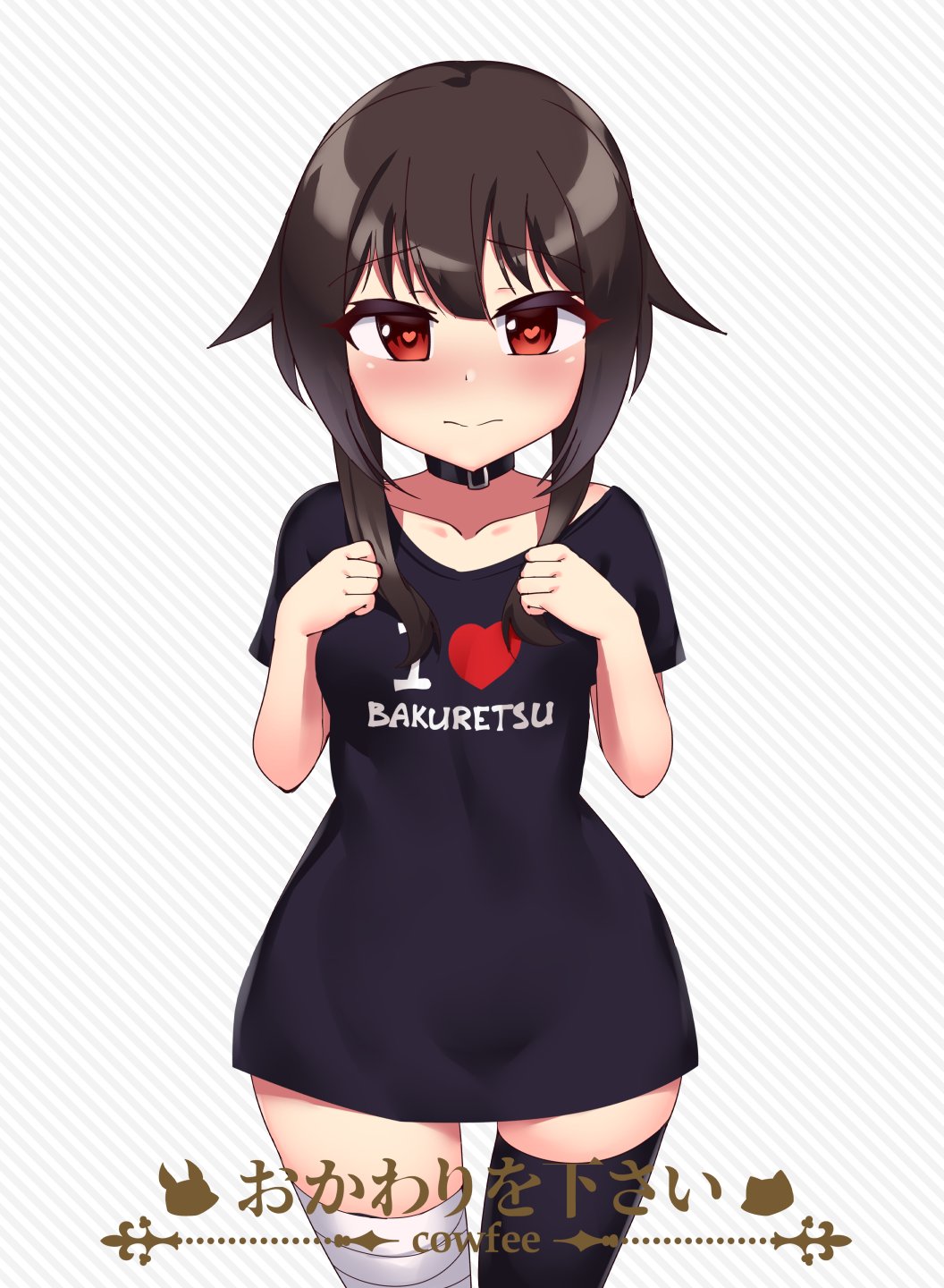 1girl artist_logo artist_name bandaged_leg bandages black_hair black_shirt black_thighhighs blush breasts clothes_writing collar collarbone commentary cowboy_shot cowfee diagonal_stripes english_commentary eyes_visible_through_hair female_focus hair_between_eyes hands_on_own_chest heart heart-shaped_pupils highres i_heart... kono_subarashii_sekai_ni_shukufuku_wo! logo looking_at_viewer medium_breasts megumin red_eyes romaji_text shirt short_hair_with_long_locks simple_background single_thighhigh solo striped_background symbol-shaped_pupils t-shirt thighhighs translated