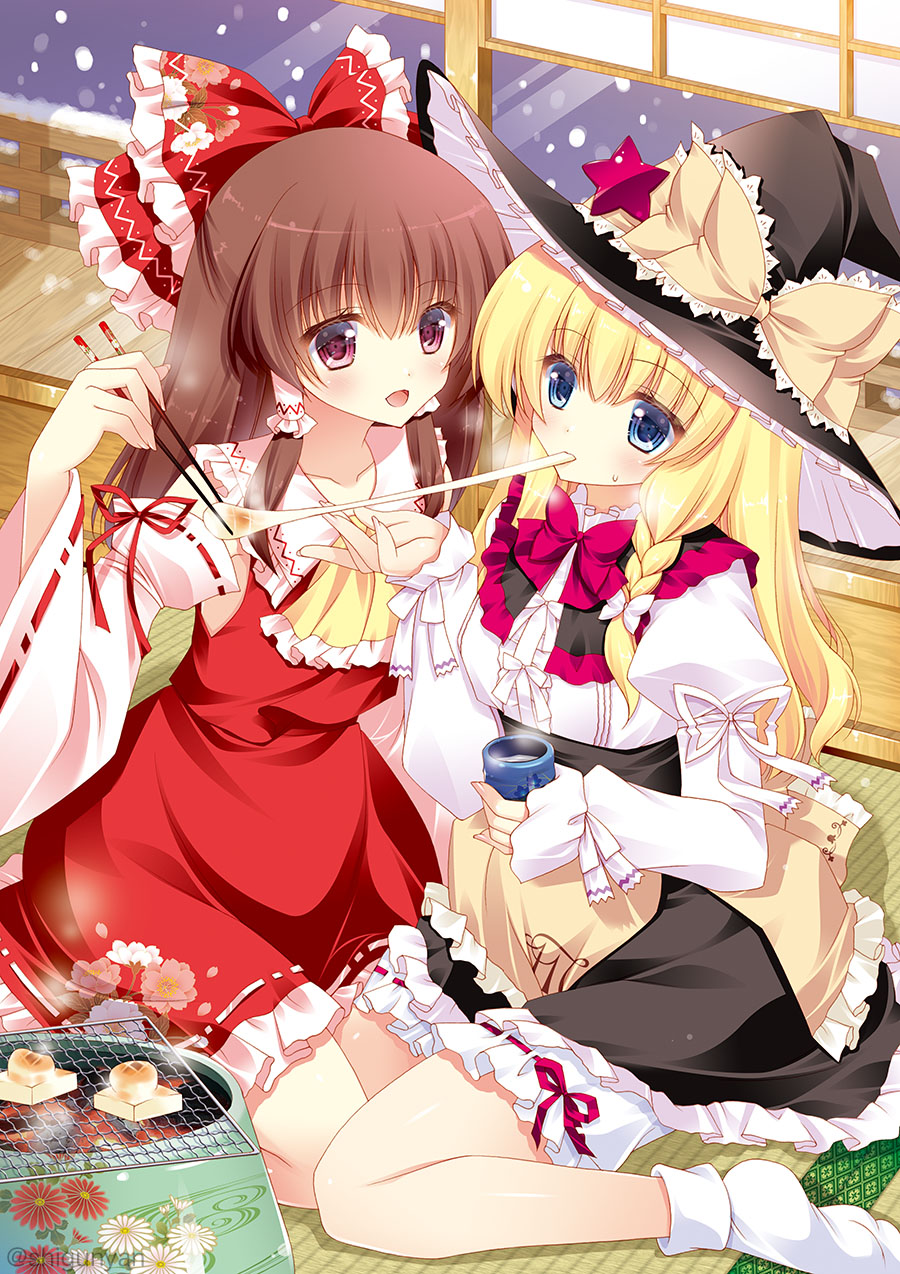 2girls adapted_costume alternate_eye_color ankle_socks apron arm_up arms_up ascot black_skirt blonde_hair bloomers blue_eyes braid brown_hair chopsticks cup detached_sleeves feeding floral_print food food_in_mouth grill hair_between_eyes hair_ribbon hakurei_reimu hat hat_ornament hat_ribbon highres holding holding_chopsticks holding_cup juliet_sleeves kirisame_marisa light_blush long_hair long_sleeves looking_at_another mochi mochi_trail multiple_girls on_floor open_mouth puffy_sleeves red_eyes red_skirt red_vest redrawn ribbon ribbon-trimmed_sleeves ribbon_trim seiza shigunyan shirt single_braid sitting skirt sleeves_past_wrists snowing socks star_(symbol) star_hat_ornament tatami touhou underwear veranda very_long_hair vest waist_apron wariza white_legwear white_shirt witch_hat yellow_ascot yunomi