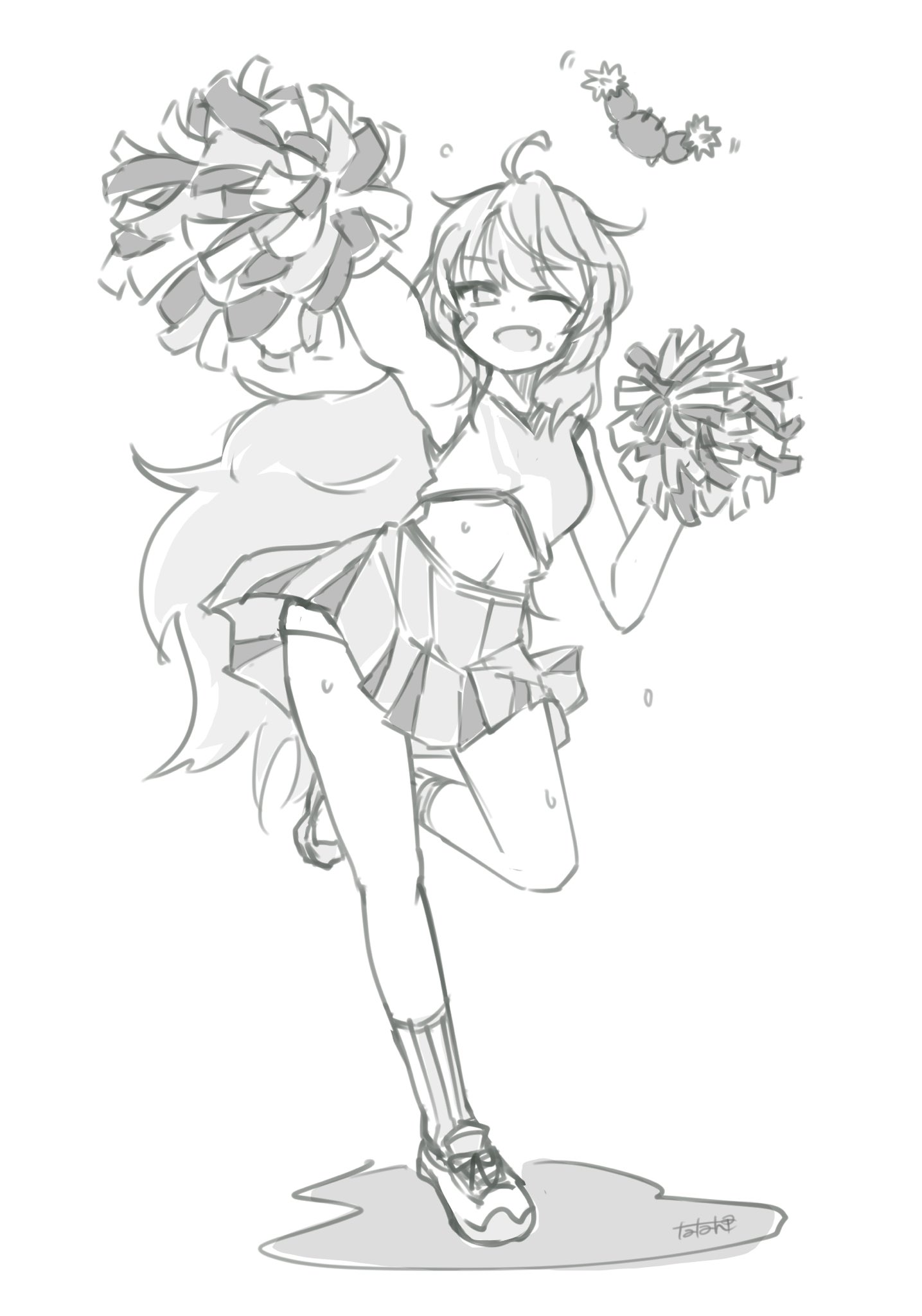 1girl ahoge alternate_hair_length alternate_hairstyle bandaid bandaid_on_face cheerleader crab dress fang full_body greyscale highres holding holding_pom_poms kantai_collection long_hair miniskirt monochrome oboro_(kancolle) one_eye_closed pleated_dress pom_pom_(cheerleading) pom_poms shirt skirt sleeveless sleeveless_shirt solo sweat tatahai very_sweaty