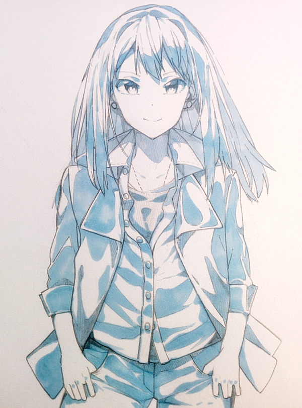 1girl earrings erere female_focus idolmaster idolmaster_cinderella_girls jewelry layered_clothes long_hair looking_at_viewer monochrome necklace shibuya_rin smile solo thumbs_in_pockets traditional_media