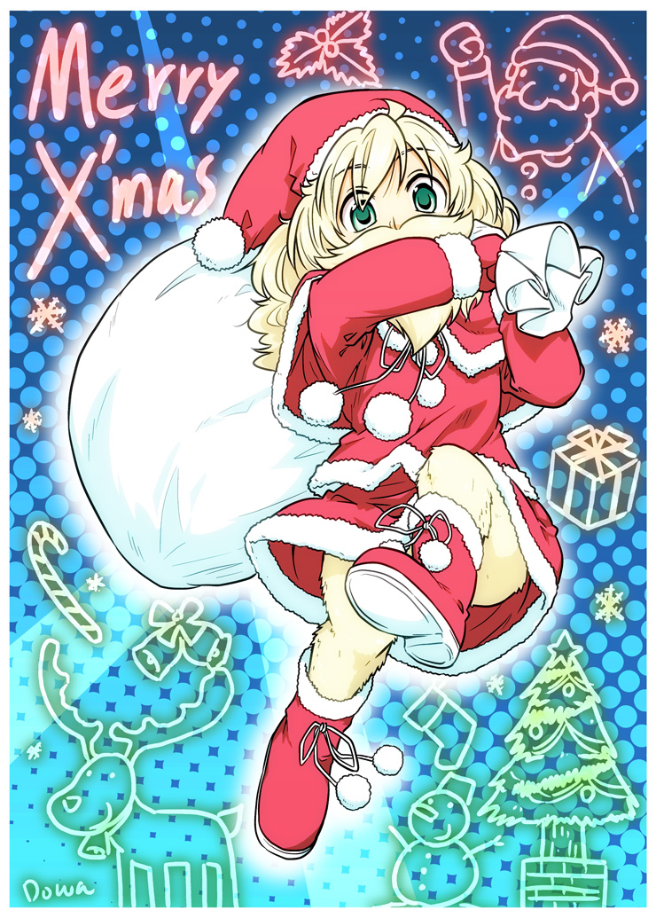 1girl beard blonde_hair christmas dowa_unlimited dwarf facial_hair female_focus fur_trim gloves green_eyes hat long_hair merry_christmas mustache red_gloves sack santa_costume santa_hat shun_(rokudena-shi) solo species_domain