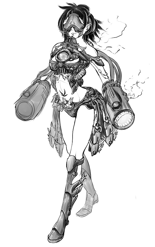 1girl arm_cannon bad_id bad_pixiv_id bulub doom_(series) female_focus genderswap genderswap_(mtf) greyscale mancubus monochrome monster personification pointy_ears solo weapon