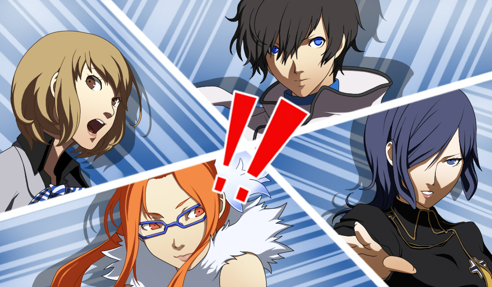 ! !! 1boy 3girls all-out_attack atlus black_hair blue_eyes blue_hair bow brown_eyes brown_hair company_connection devil_survivor_(series) devil_survivor_2 glasses hair_over_one_eye kamakiri kujou_hinako kuze_hibiki matching_hair/eyes multiple_girls nitta_io open_mouth orange_eyes orange_hair outstretched_hand parody persona protagonist_(devil_survivor_2) sako_makoto scarf sideways_glance smile style_parody uniform