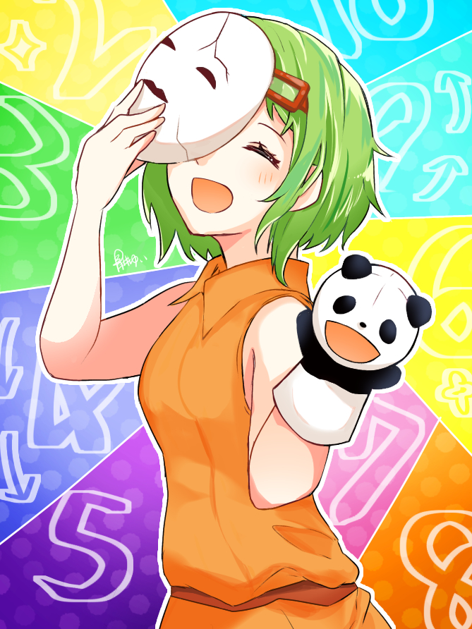 1girl :d ^_^ aoiyui bare_shoulders closed_eyes collared_dress colorful_background dress green_hair gumi hair_ornament hairclip hand_puppet holding holding_mask juu_mensou_(vocaloid) mask open_mouth orange_dress panda_puppet puppet short_hair sleeveless sleeveless_dress smile solo upper_body vocaloid