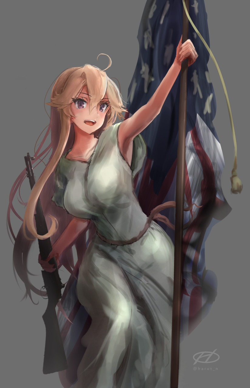 1girl alternate_costume alternate_eye_color american_flag blonde_hair breasts dress fine_art_parody flag gun haruto_(harut_n) highres holding holding_flag holding_gun holding_weapon iowa_(kancolle) kantai_collection large_breasts liberty_leading_the_people long_hair parody purple_eyes sleeveless sleeveless_dress solo weapon white_dress