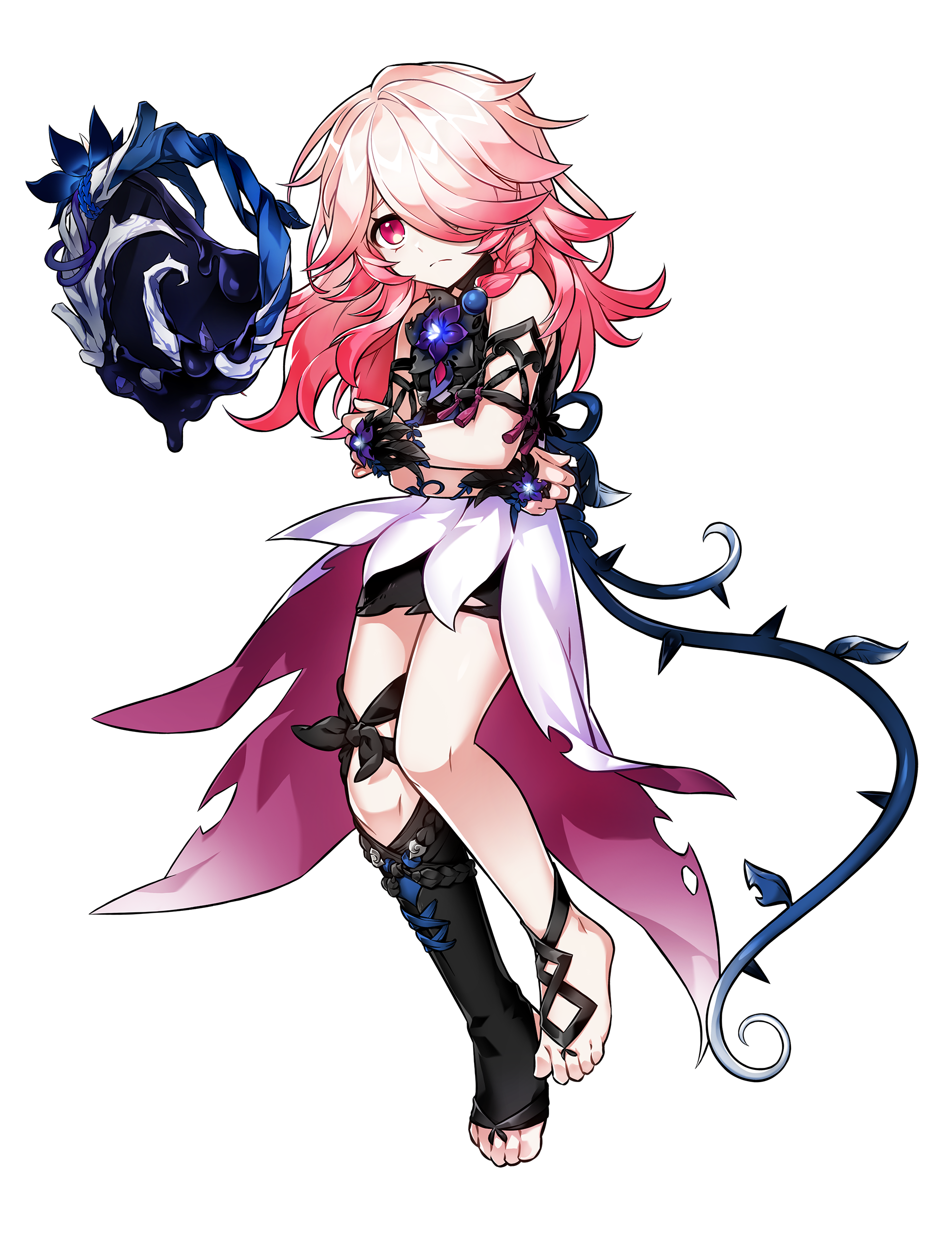 1girl absurdres alternate_costume alternate_hairstyle arm_ribbon arm_vines asymmetrical_legwear barefoot barefoot_sandals_(jewelry) black_ribbon black_skirt black_socks braid crossed_arms dress elsword fingerless_gloves flower frown full_body gloves hair_over_one_eye highres kneehighs laby_(elsword) leg_ribbon long_dress long_hair looking_ahead miniskirt nisha_(elsword) official_art open_clothes open_dress pink_eyes pink_hair plant purple_flower ribbon rusty_child_(elsword) sad single_kneehigh single_sock skirt socks solo toeless_legwear transparent_background uneven_legwear vines white_dress