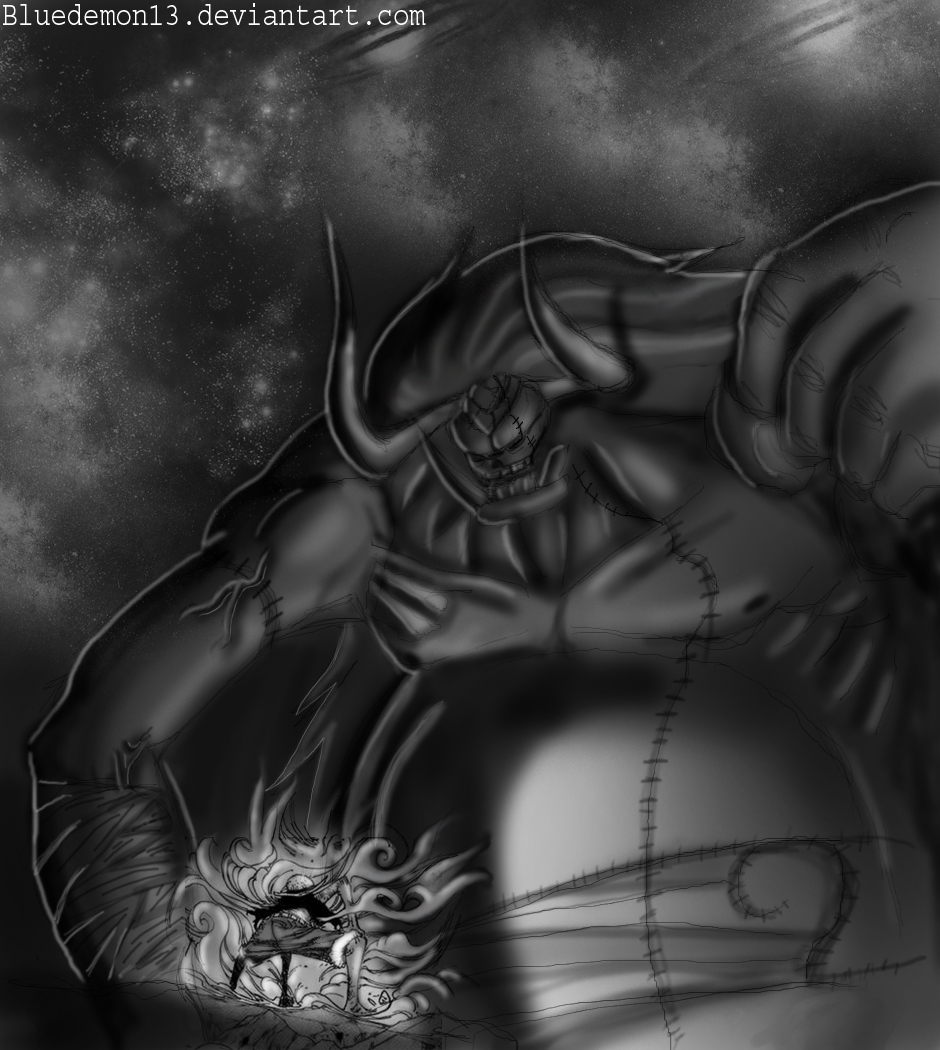 1boy 2boys bad_source bandages barefoot belt bluedemon13 clenched_hand dark demon denim denim_shorts dual_persona epic fighting fighting_stance giant greyscale hat horns male_focus monkey_d._luffy monochrome monster multiple_boys muscular night night_sky oars oars_(one_piece) one_piece pirate rubber scar self-upload shorts size_difference sky smoke spread_legs squatting standing star_(symbol) stitches straw_hat thriller_bark tusks vest zombie