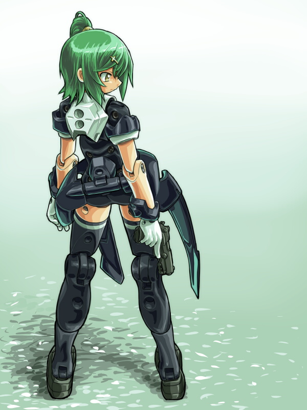 10s 1girl bad_id bad_pixiv_id busou_shinki cross dd_(ijigendd) doll_joints female_focus green_hair gun harmony_grace joints mecha_musume solo thighhighs weapon yellow_eyes