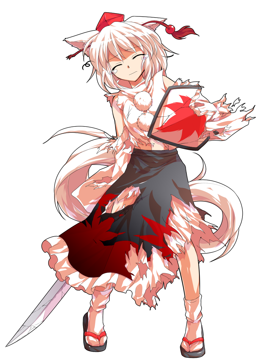 1girl alphes_(style) animal_ears broken broken_weapon closed_eyes closed_mouth commentary_request dairi defeat detached_sleeves full_body hat highres holding holding_shield holding_sword holding_weapon inubashiri_momiji katana large_variant_set leaf_print long_skirt maple_leaf_print messy_hair parody pom_pom_(clothes) sandals shield skirt solo standing straight-on style_parody sword tachi-e tail tearing_up tokin_hat torn_clothes torn_skirt touhou transparent_background variant_set weapon white_hair white_tail wolf_ears wolf_girl wolf_tail