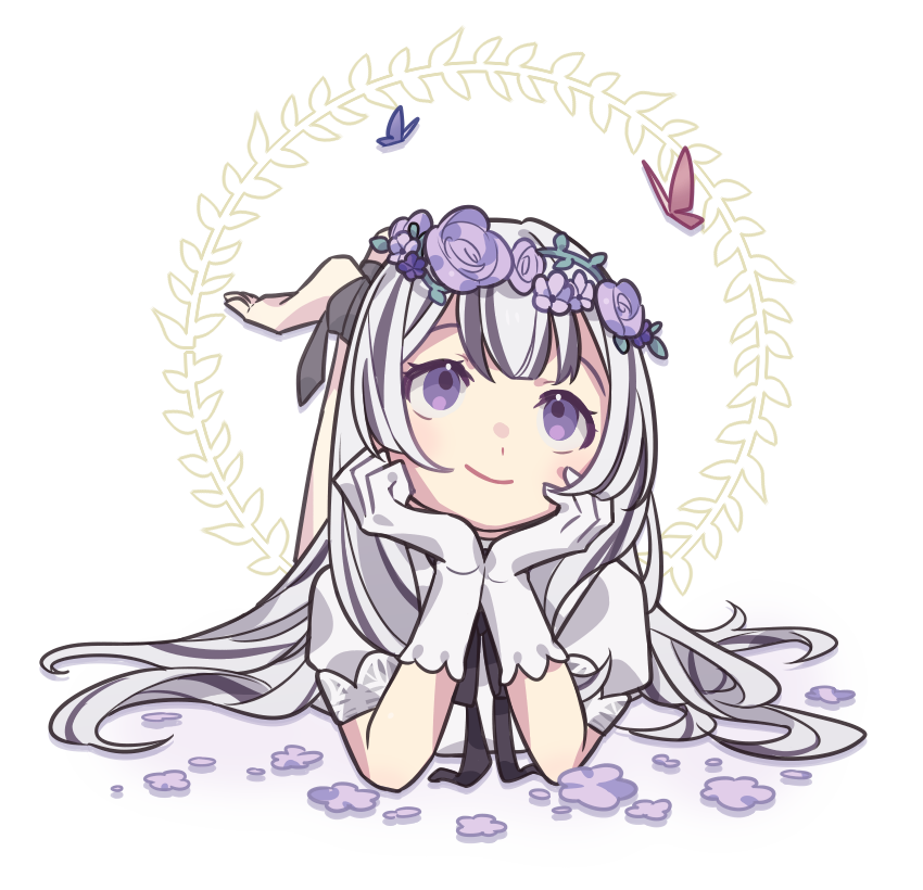 1girl barefoot black_hair bug butterfly closed_mouth dress fire_emblem fire_emblem_engage flower gloves grey_hair haconeri hair_flower hair_ornament insect long_hair looking_up multicolored_hair nintendo purple_eyes short_sleeves smile two-tone_hair very_long_hair veyle_(fire_emblem) white_dress white_gloves