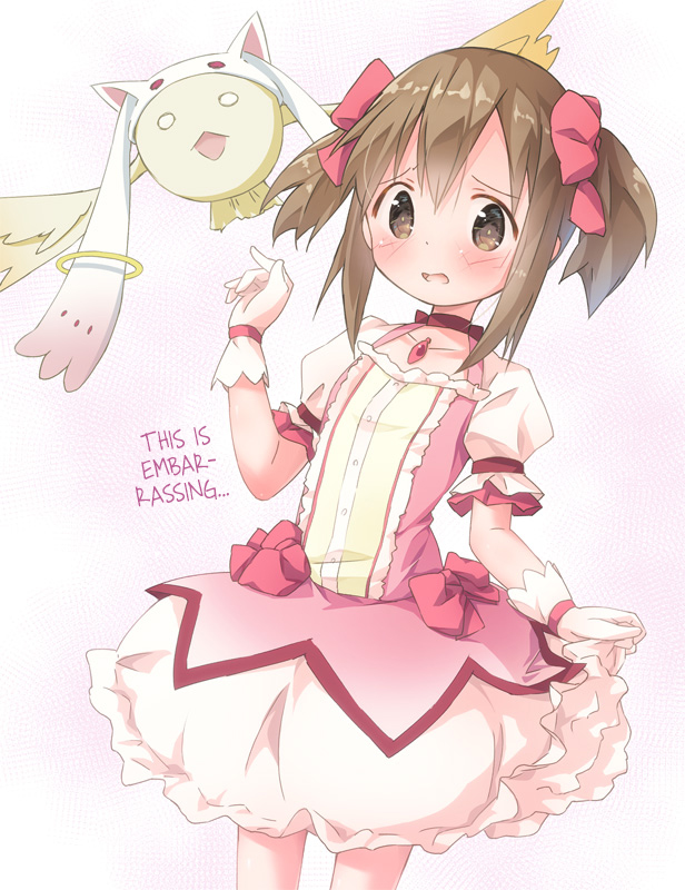 1girl blush bow brown_eyes brown_hair bubble_skirt choker collarbone cosplay dress embarrassed flat_chest gloves hair_bow hanami_yuzuka hard-translated kaname_madoka kaname_madoka_(cosplay) kyubey kyubey_(cosplay) looking_at_viewer mahou_shoujo_madoka_magica mahou_shoujo_nante_mou_ii_desukara. miton open_mouth pink_dress pink_ribbon pu-en puffy_sleeves ribbon short_hair short_sleeves skirt third-party_edit trait_connection translated twintails white_gloves