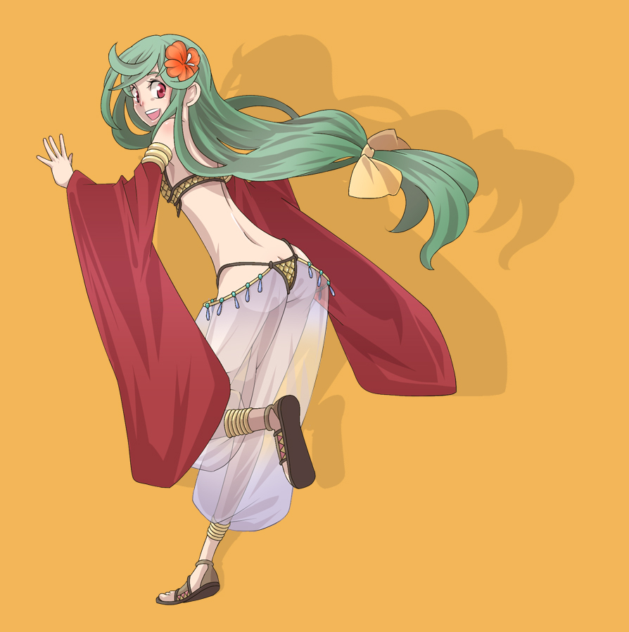 1girl ass back bikini brown_sandals butt_crack commentary_request detached_sleeves flower from_behind full_body green_hair grey_pants gypsy_(ragnarok_online) hair_flower hair_ornament harem_pants hibiscus long_hair looking_at_viewer looking_back low-tied_long_hair mere_(enya) open_mouth orange_background orange_flower pants ragnarok_online red_eyes red_sleeves sandals see-through_clothes see-through_pants simple_background smile solo standing standing_on_one_leg strapless strapless_bikini swimsuit very_long_hair yellow_bikini
