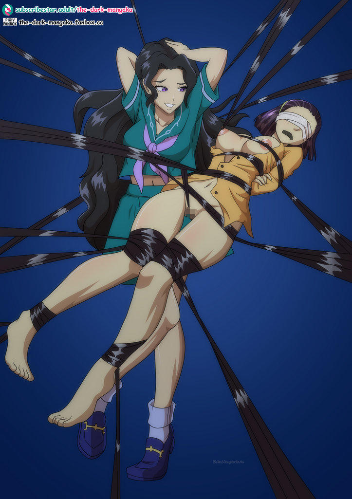 2girls barefoot bdsm black_hair blindfold blue_background bondage bottomless bound breasts breasts_out censored diamond_wa_kudakenai feet gag grin hair_bondage higashikata_tomoko improvised_gag jojo_no_kimyou_na_bouken large_breasts long_hair love_deluxe mature_female midriff mosaic_censoring multiple_girls navel nipple_bondage nipples purple_eyes school_uniform shoes short_hair simple_background smile tape tape_gag the_dark_mangaka toes very_long_hair yamagishi_yukako yuri