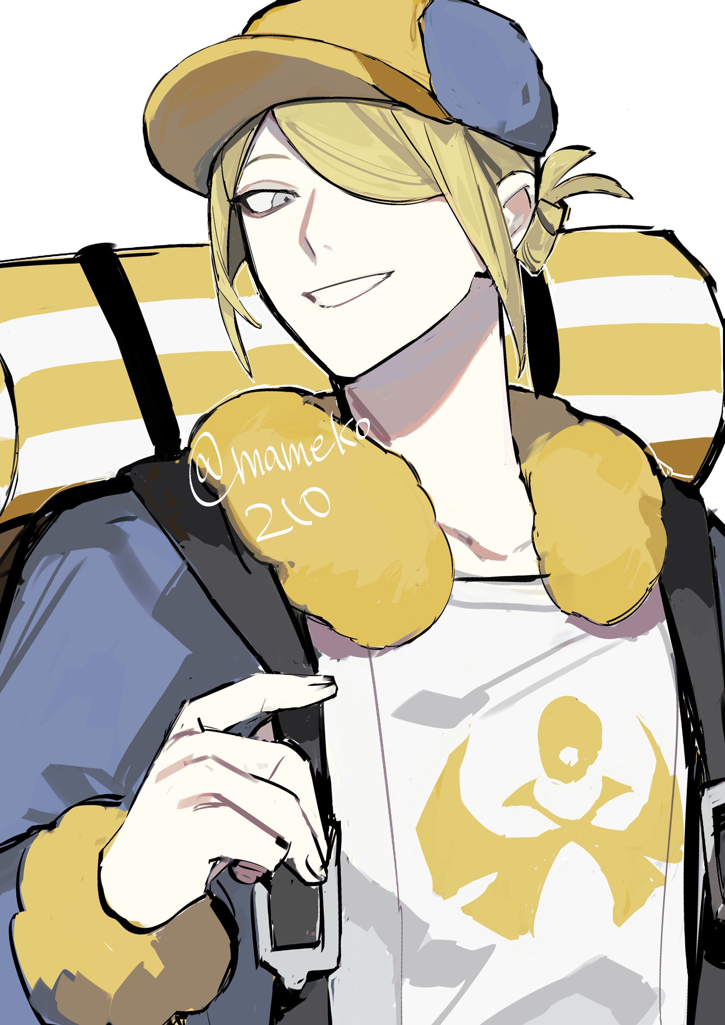1boy collarbone commentary_request edamameko210 fur-trimmed_sleeves fur_trim ginkgo_guild_uniform grin hair_over_one_eye hat highres looking_to_the_side male_focus newsboy_cap nintendo one_eye_covered pokemon pokemon_legends:_arceus sideways_glance smile solo teeth upper_body volo_(pokemon) white_background yellow_fur