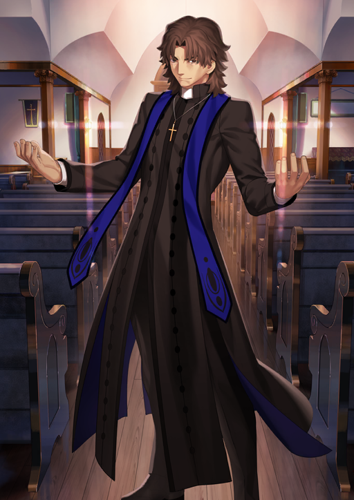 1boy black_pants black_robe black_shoes brown_eyes brown_hair christianity church closed_mouth cross cross_necklace curtained_hair diffraction_spikes fate/grand_order fate_(series) feet_out_of_frame floating_clothes game_cg hands_up high_collar indoors jewelry kotomine_kirei latin_cross layered_sleeves long_sleeves looking_at_viewer male_focus medium_hair necklace official_art pants priest rasputin_(fate) robe shoes smile solo standing stole takeuchi_takashi third-party_source v-shaped_eyebrows variant_set