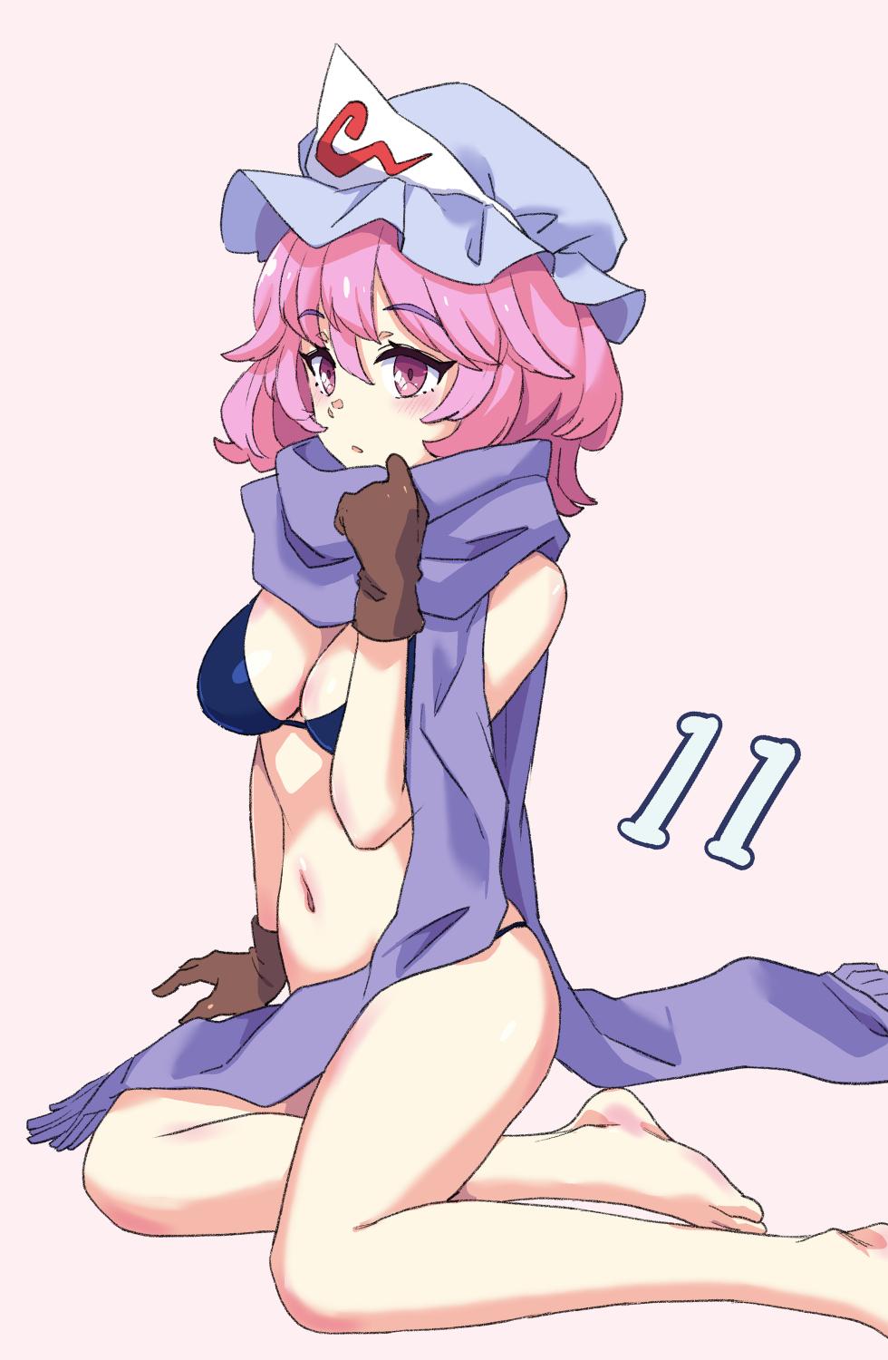 1girl blue_bra blue_hat blue_scarf bra brown_gloves commentary_request full_body gloves hat highres jack_(wkm74959) kneeling mob_cap navel one-hour_drawing_challenge pink_background pink_eyes pink_hair saigyouji_yuyuko scarf short_hair simple_background sitting solo touhou triangular_headpiece underwear