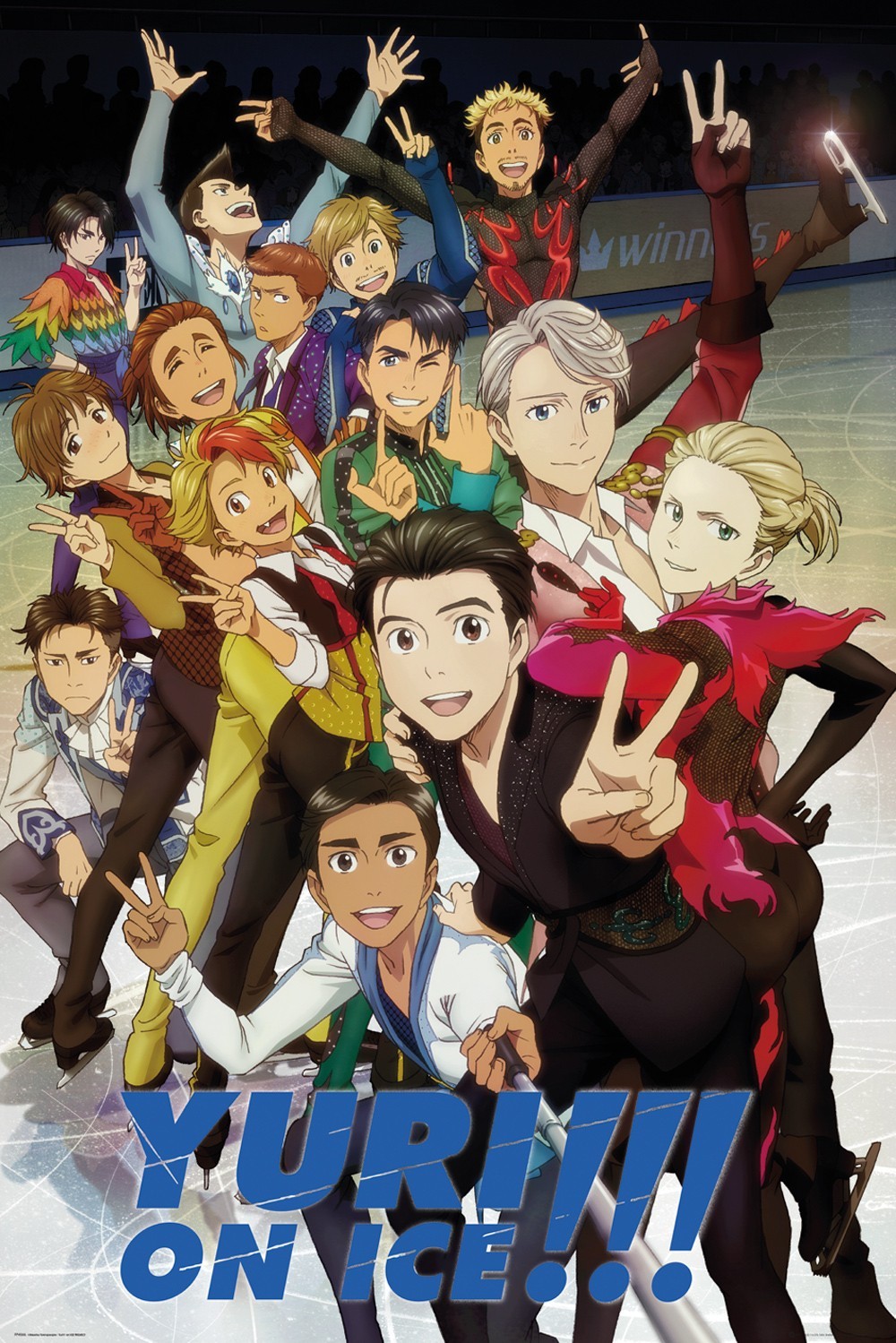 6+boys ^_^ artist_request black_hair blonde_hair blue_eyes braid brown_eyes brown_hair christophe_giacometti copyright_name emil_nekola closed_eyes facial_hair fang georgi_popovich green_eyes grin hair_slicked_back hand_on_another&#039;s_shoulder highres ice_skates it&#039;s_j.j._style! jean-jacques_leroy ji_guang-hong katsuki_yuuri lee_seung-gil leo_de_la_iglesia looking_back male_focus michele_crispino minami_kenjirou multicolored_hair multiple_boys official_art one_eye_closed open_mouth otabek_altin phichit_chulanont ponytail red_hair selfie selfie_stick skates skating smile standing standing_on_one_leg v viktor_nikiforov yuri!!!_on_ice yuri_plisetsky