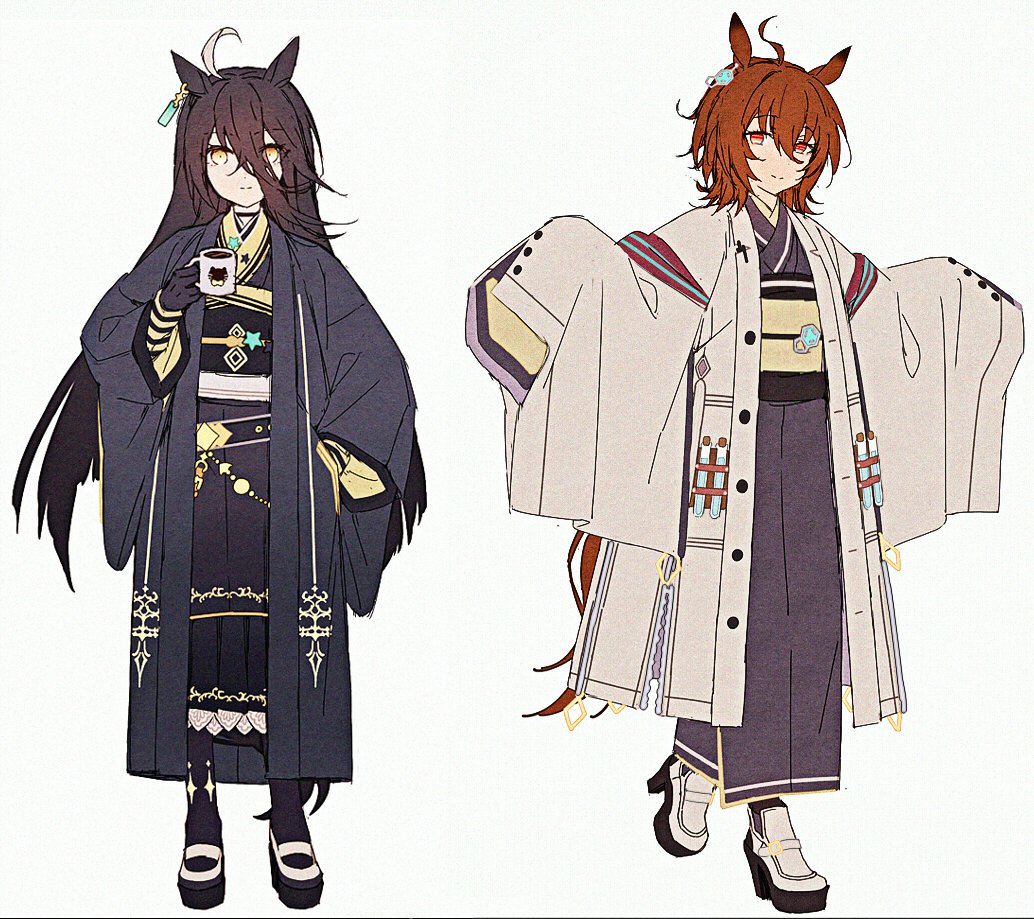 2girls adapted_costume agnes_tachyon_(umamusume) ahoge animal_ears black_gloves black_hair black_kimono boots brown_hair coffee cup ear_tag full_body gloves hair_between_eyes hakusai_(tiahszld) high_heels holding holding_cup horse_ears horse_girl japanese_clothes kimono light_smile lineup long_hair long_hair_between_eyes long_sleeves looking_at_viewer manhattan_cafe_(umamusume) multicolored_hair multiple_girls obi red_eyes sash shoes short_hair simple_background sleeves_past_fingers sleeves_past_wrists streaked_hair umamusume very_long_hair white_background white_boots white_hair white_shoes wide_sleeves yellow_eyes yukata
