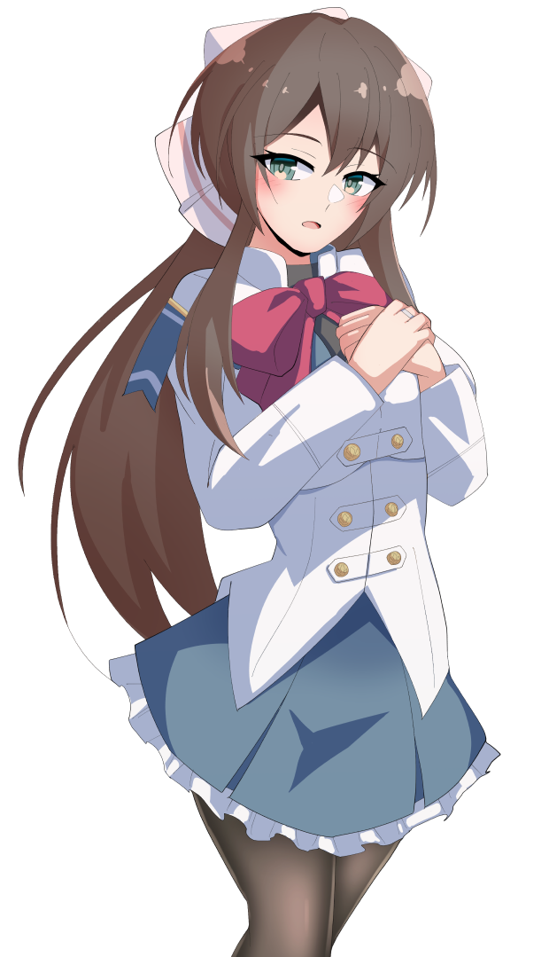 1girl aqua_eyes assault_lily black_shirt blue_skirt blush bow bowtie breasts brown_bow brown_hair brown_pantyhose buttons commentary cowboy_shot frilled_skirt frills hair_between_eyes hair_bow hands_on_own_chest hands_up herensuge_girls_academy_school_uniform ishitsuma_canon jacket jewelry large_breasts long_hair long_sleeves looking_at_viewer miniskirt own_hands_together pantyhose parted_lips ponytail red_bow red_bowtie ring school_uniform serizawa_chikaru shirt sidelocks simple_background skirt solo standing very_long_hair white_background white_jacket