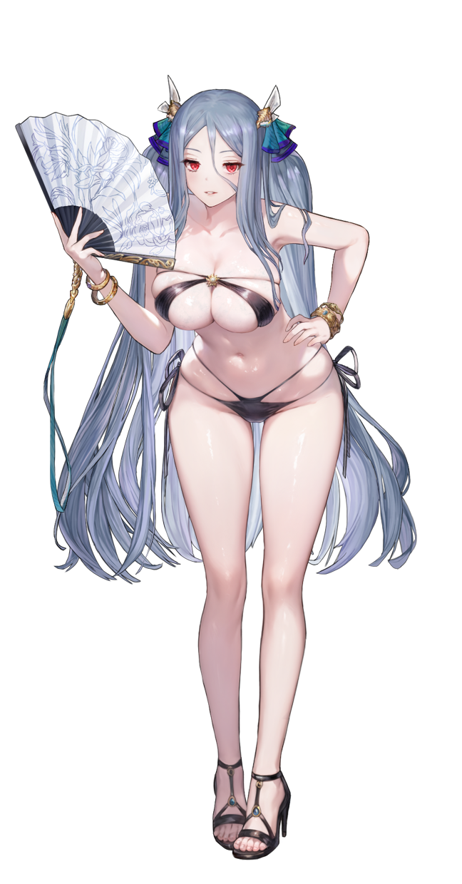1girl bikini black_bikini black_sandals bracelet breasts brown_dust_(series) brown_dust_2 cleavage cropped full_body grey_hair hair_ornament hand_fan hand_on_own_hip high_heels highres holding holding_fan jewelry large_breasts leaning_forward light_blush lips long_hair looking_at_viewer morphea_(brown_dust) navel official_art open_mouth red_eyes sandals second-party_source simple_background skindentation solo stiletto_heels stomach swimsuit third-party_edit toes very_long_hair