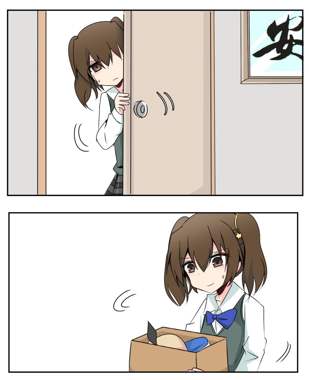 1girl bow box cardboard_box comic cosplay cyberdemon_no3 door frown highres long_sleeves original silent_comic skirt sneaking sweater_vest translation_request window