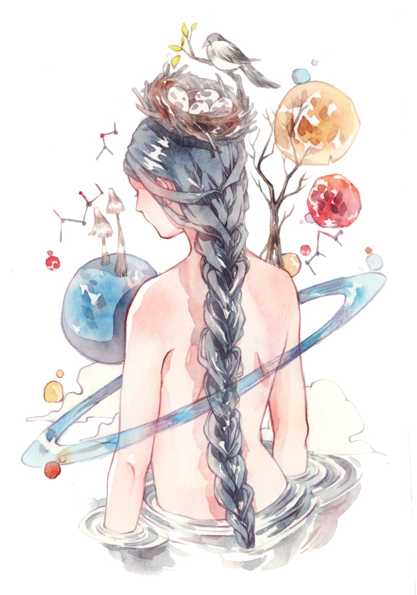 1girl animal animal_on_head bare_arms bare_back bird bird_nest bird_on_head black_bird black_hair braid branch chinese_commentary cloud commentary_request completely_nude constellation egg eyelashes from_behind huangpi_sang in_nest leaf long_hair mushroom nest nude on_head original painting_(medium) partially_submerged planet planetary_ring shoulder_blades simple_background single_braid solo traditional_media upper_body very_long_hair watercolor_(medium) white_background