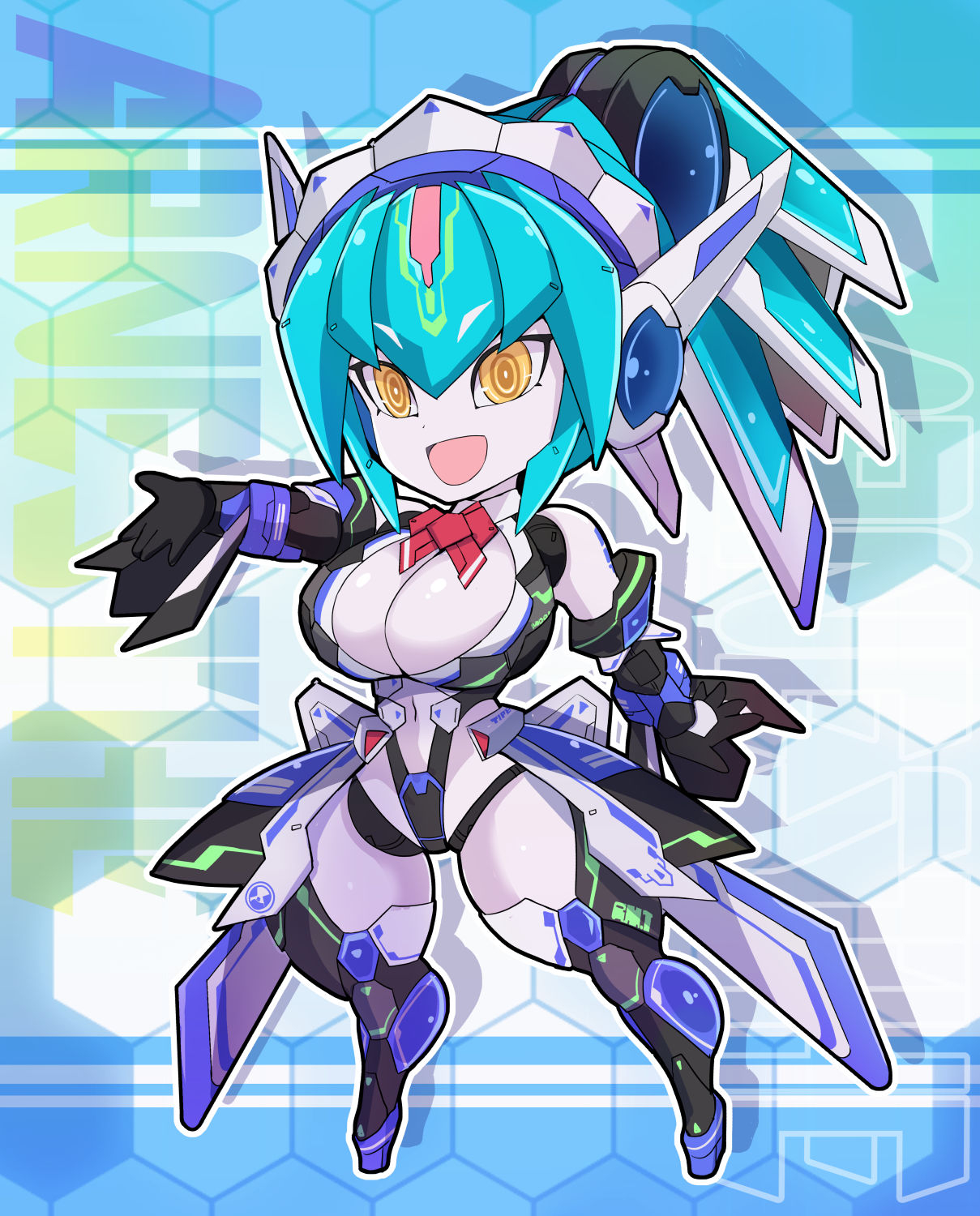 1girl :&gt; absurdres android aqua_hair armor arnetes asahi breastplate breasts chibi colored_skin covered_navel curvy detached_collar full_body happy high_ponytail highleg highleg_leotard highres impossible_clothes impossible_leotard joints large_breasts leotard lilith-soft long_hair looking_at_viewer mecha_musume mechanical_arms mechanical_hair narrow_waist no_humans ponytail robot_girl robot_joints shiny_skin smile solo standing taimanin_(series) taimanin_rpgx thong_leotard white_skin wide_hips yellow_eyes