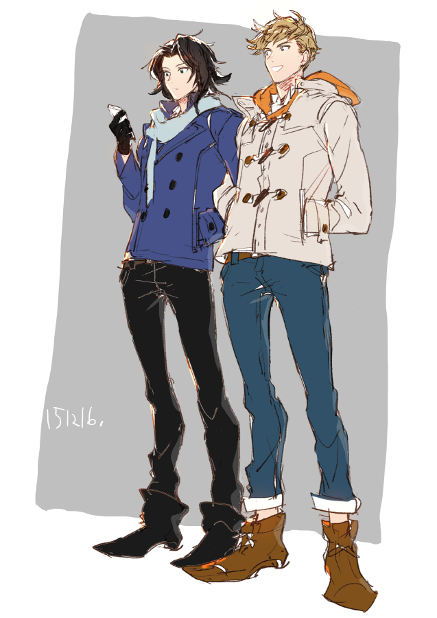 2boys beige_coat black_footwear black_gloves black_hair black_pants blonde_hair blue_coat blue_eyes boots brown_footwear cellphone coat denim gloves granblue_fantasy hands_in_pockets holding holding_phone jeans kishiyama lancelot_(granblue_fantasy) looking_at_phone male_focus multiple_boys pants phone smartphone undercut vane_(granblue_fantasy)