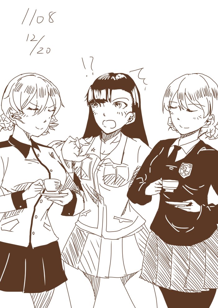 3girls black_emperor black_pantyhose blush braid chi-hatan_military_uniform coffee_mug collared_shirt cup darjeeling_(girls_und_panzer) dated drill_hair drill_sidelocks girls_und_panzer girls_und_panzer_little_army holding holding_cup jacket kilimanjaro_(girls_und_panzer) long_hair mug multiple_girls nishi_kinuyo panicking pantyhose school_uniform shirt sidelocks st._gloriana&#039;s_school_uniform sweater teacup west_kureoji_grona_military_uniform