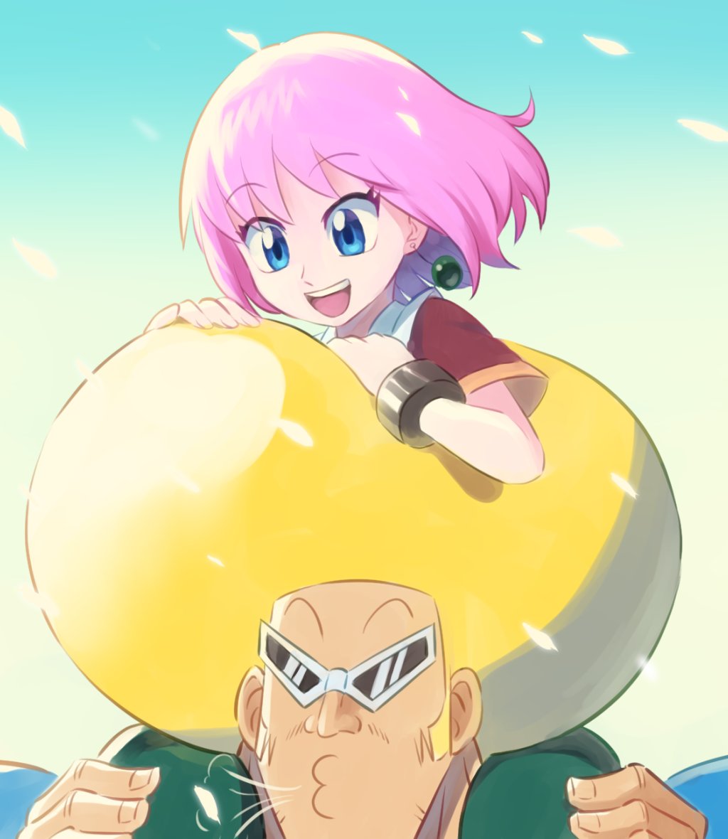 1boy 1girl afro beauty_(bobobo-bo_bo-bobo) blonde_hair blue_eyes bobobo-bo_bo-bobo bobobo-bo_bo-bobo_(character) carrying chiha_bobobo earrings jewelry open_mouth pink_hair short_hair shoulder_carry smile sunglasses