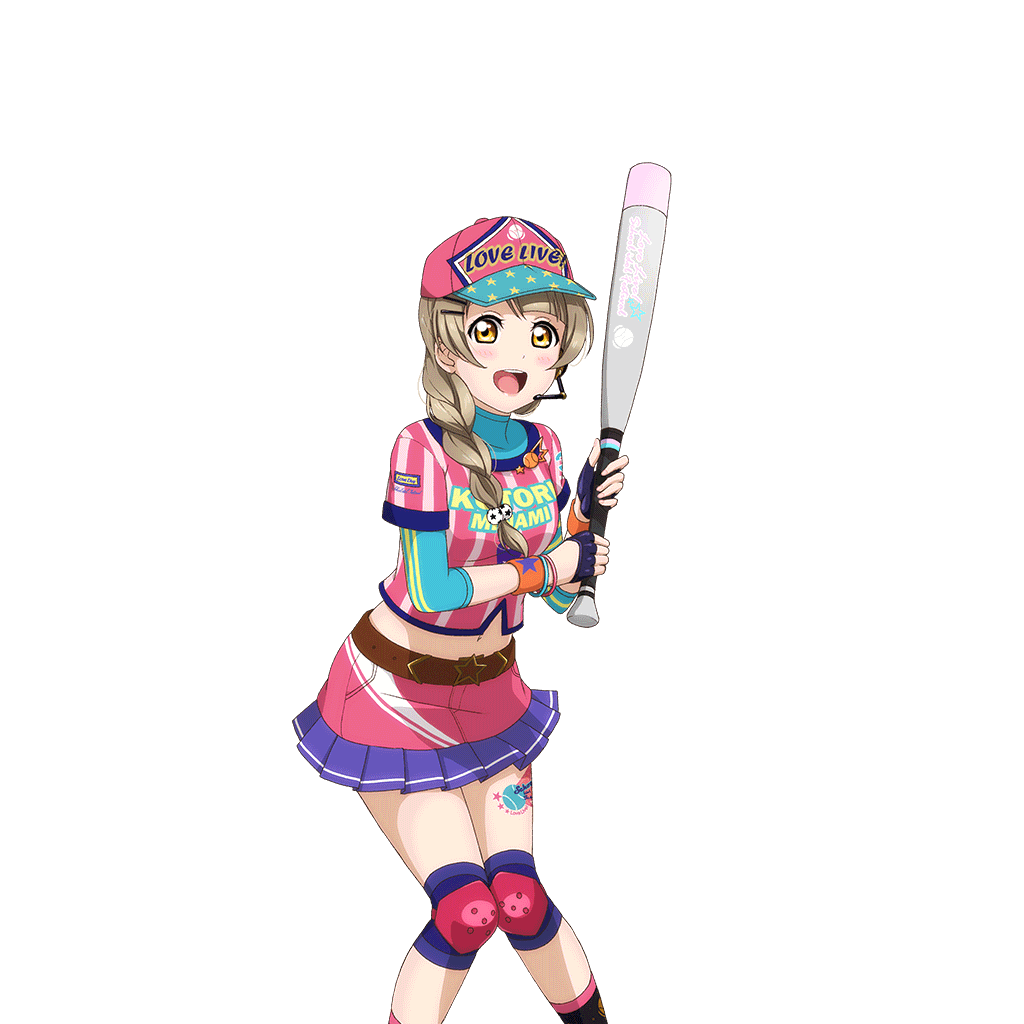 1girl baseball baseball_(love_live!) baseball_bat baseball_cap baseball_uniform batting_stance belt belt_buckle black_socks blue_gloves bracelet braid brown_belt brown_hair buckle feet_out_of_frame fingerless_gloves frilled_skirt frills gloves hair_ornament hair_over_shoulder hairpin hat headset holding holding_baseball_bat jewelry knee_pads knees_together_feet_apart leg_tattoo long_braid long_hair looking_at_viewer love_live! love_live!_school_idol_festival love_live!_school_idol_project midriff minami_kotori miniskirt multiple_hairpins navel official_alternate_hairstyle official_art open_mouth pigeon-toed pink_hat pink_shirt pink_skirt print_shirt shirt side_braid single_braid skirt smile socks solo sportswear standing striped_clothes tattoo teeth three-quarter_sleeves transparent_background turtleneck two-tone_shirt upper_teeth_only vertical-striped_clothes wristband yellow_eyes