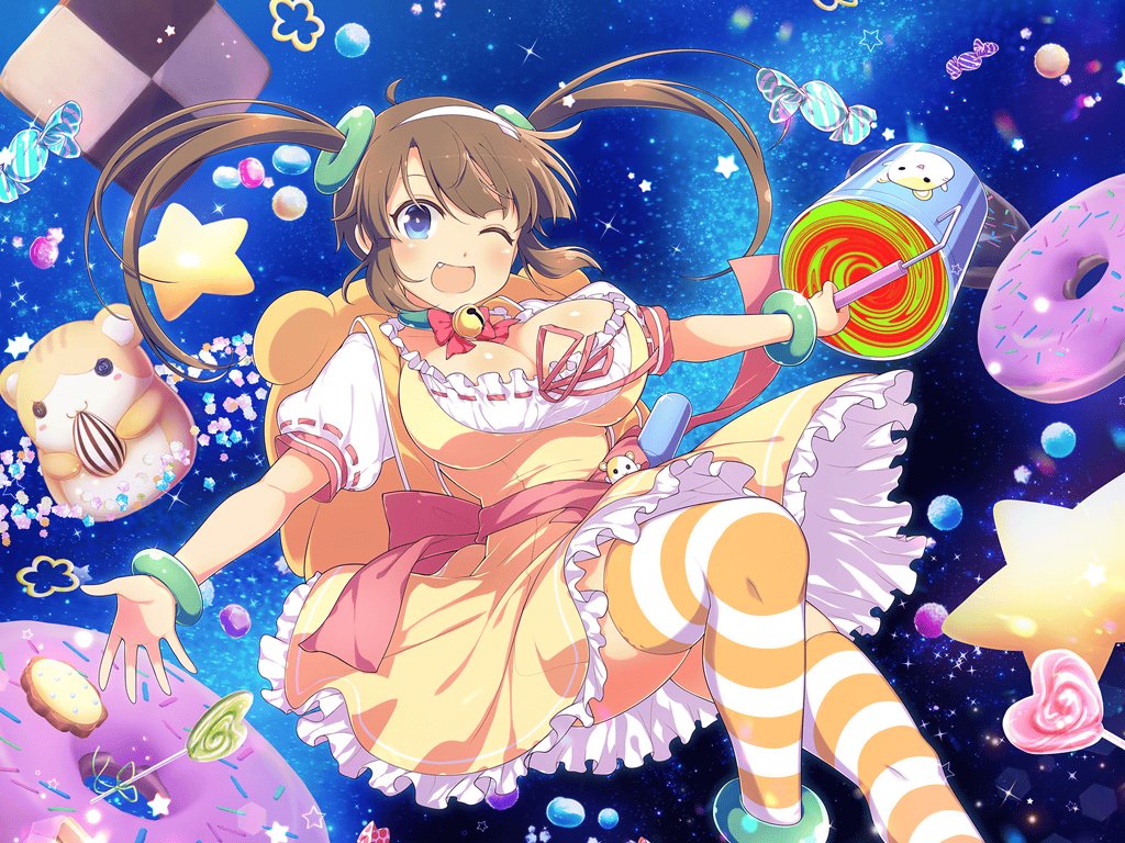 1girl :3 :d animal animal_bag animal_ears animal_print anklet bell blue_eyes blunt_bangs blush blush_stickers bow bow_choker bowtie bracelet breasts brown_hair bucket candy checkerboard_cookie chocolate_donut choker cleavage cookie donut dress eating fang food frilled_dress frills green_anklet green_choker hair_ornament hamster hamster_ears hamster_print holding holding_bucket holding_food icing jewelry jingle_bell large_breasts light_particles lollipop looking_at_viewer minori_(senran_kagura) neck_bell official_art one_eye_closed open_mouth orange_thighhighs pink_ribbon red_bow ribbon ribbon-trimmed_dress ribbon-trimmed_sleeves ribbon_trim ring_hair_ornament seed senran_kagura senran_kagura_new_link senran_kagura_shinovi_versus shiny_skin short_sleeves sidelocks sky sleeve_cuffs smile solo sparkle sprinkles star_(sky) star_(symbol) starry_background starry_sky striped sunflower_seed sweets thighhighs twintails yaegashi_nan yellow_dress