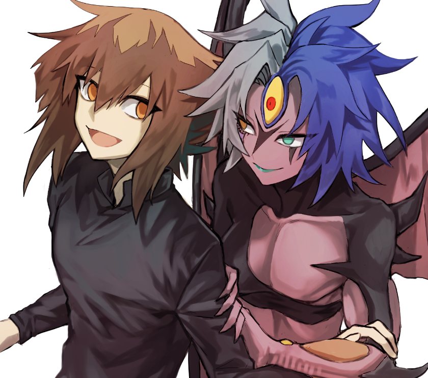 1boy 1other aqua_eyes aqua_lips arm_spikes black_shirt blue_eyes breasts brown_eyes brown_hair cleavage cleavage_cutout closed_mouth clothing_cutout collared_shirt colored_skin demon_wings dyyueul grey_hair hair_between_eyes hand_on_another&#039;s_arm heterochromia lipstick long_sleeves looking_at_another low_neckline makeup multicolored_hair open_mouth orange_eyes other_with_male pink_skin pink_wings ribs shirt short_hair_with_long_locks shoulder_spikes simple_background skinny smile spikes third_eye tsurime turtleneck turtleneck_shirt two-tone_hair upper_body white_background wings yu-gi-oh! yu-gi-oh!_gx yubel yuki_judai
