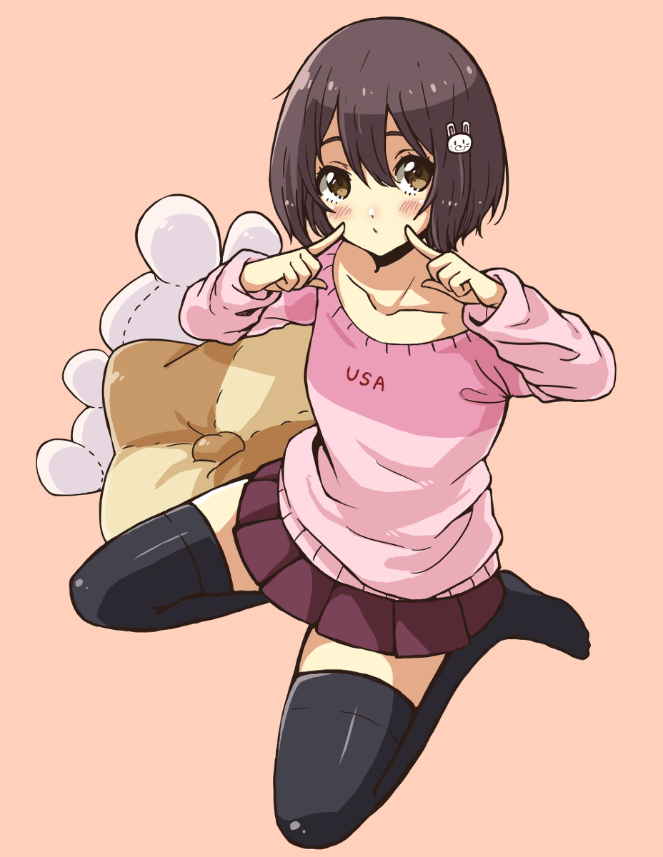 1girl brown_eyes brown_hair hair_ornament hands_on_own_cheeks hands_on_own_face highres kono_bijutsubu_niwa_mondai_ga_aru! looking_at_viewer miniskirt monotsuki rabbit_accessory seiza shirt short_hair simple_background sitting skirt stuffed_toy t-shirt thighhighs usami_mizuki